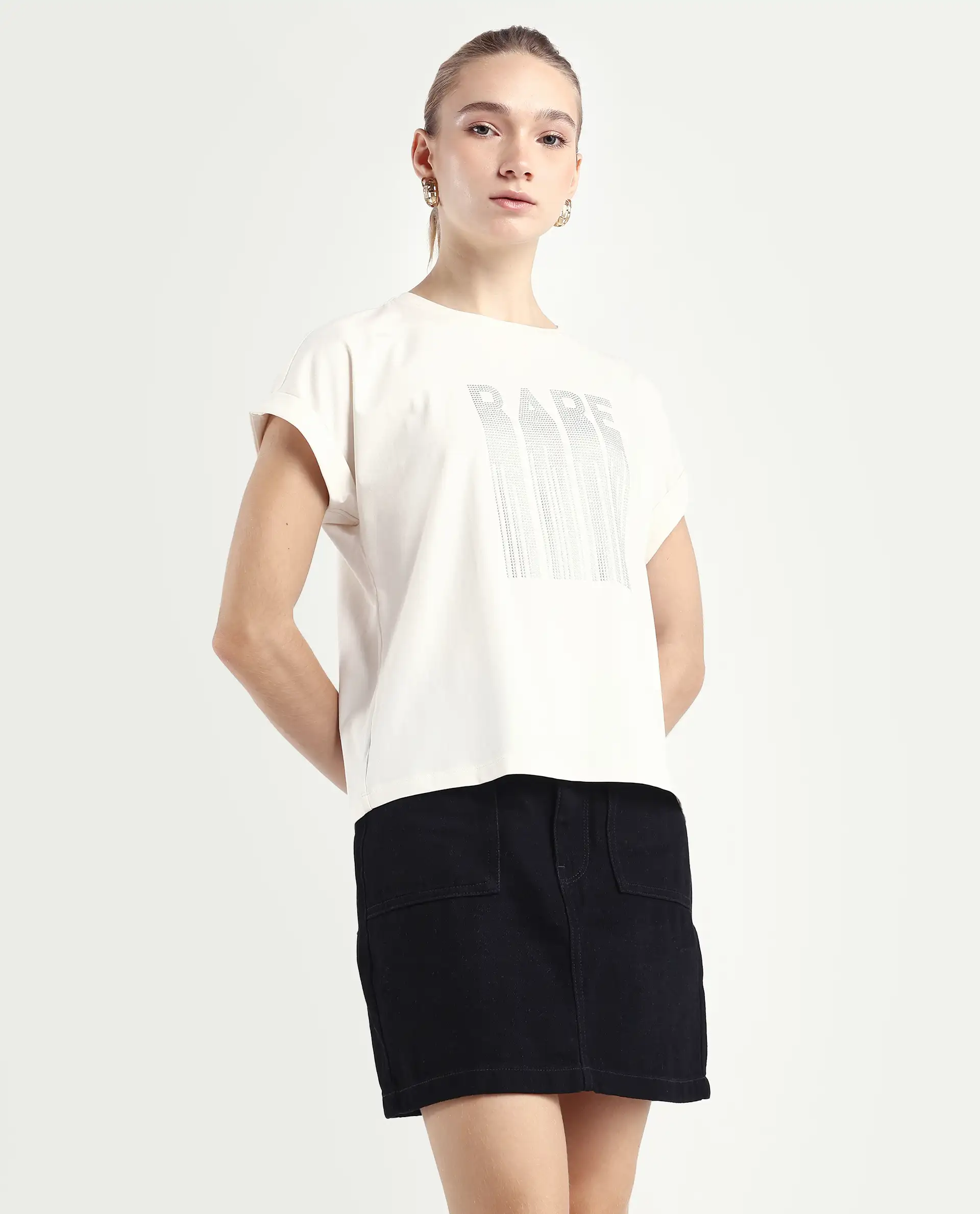 Rareism Women's Bocato Off White Cotton Blend Crew Neck Graphic Print Extended Sleeves Regular Fit T-Shirt - Image 6