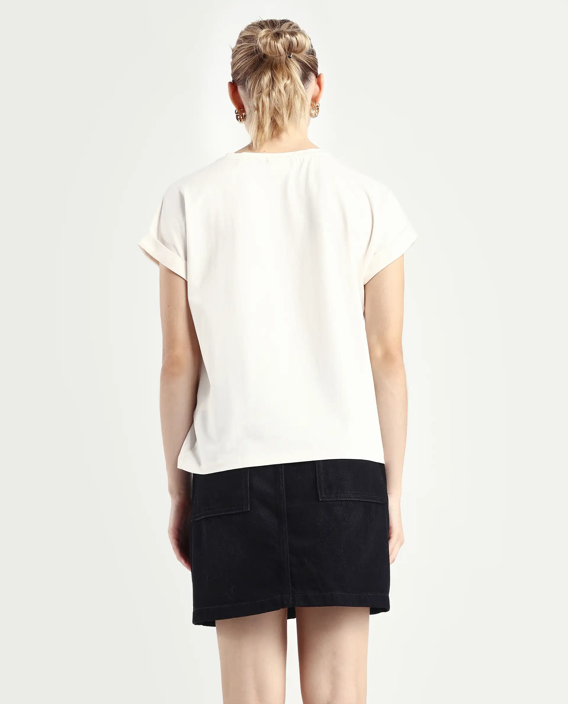 Rareism Women's Bocato Off White Cotton Blend Crew Neck Graphic Print Extended Sleeves Regular Fit T-Shirt - Image 7