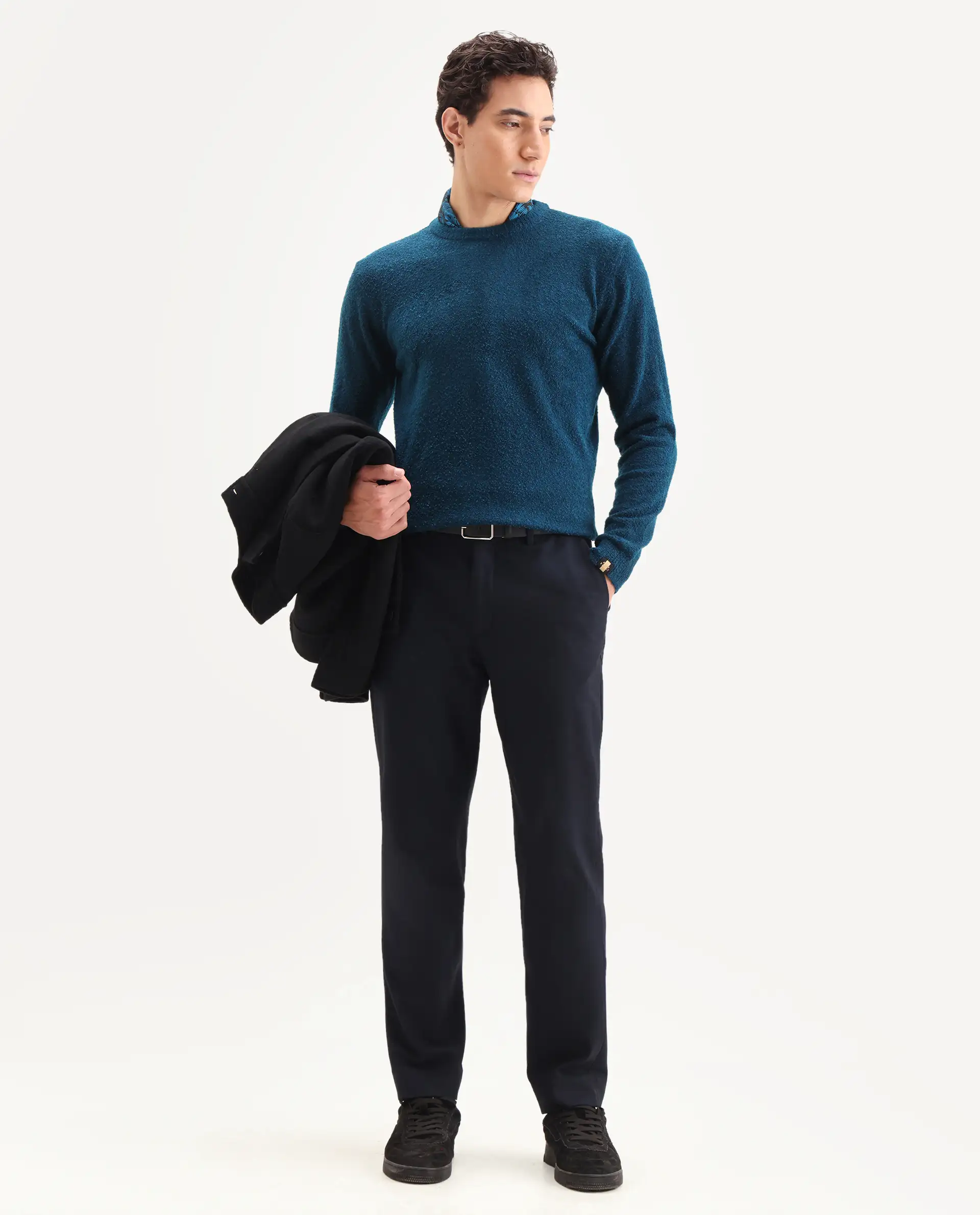 Rare Rabbit Men's Bocle Petrol Polyester Textured Relaxed Fit Full Sleeve Crew Neck Sweater - Image 2