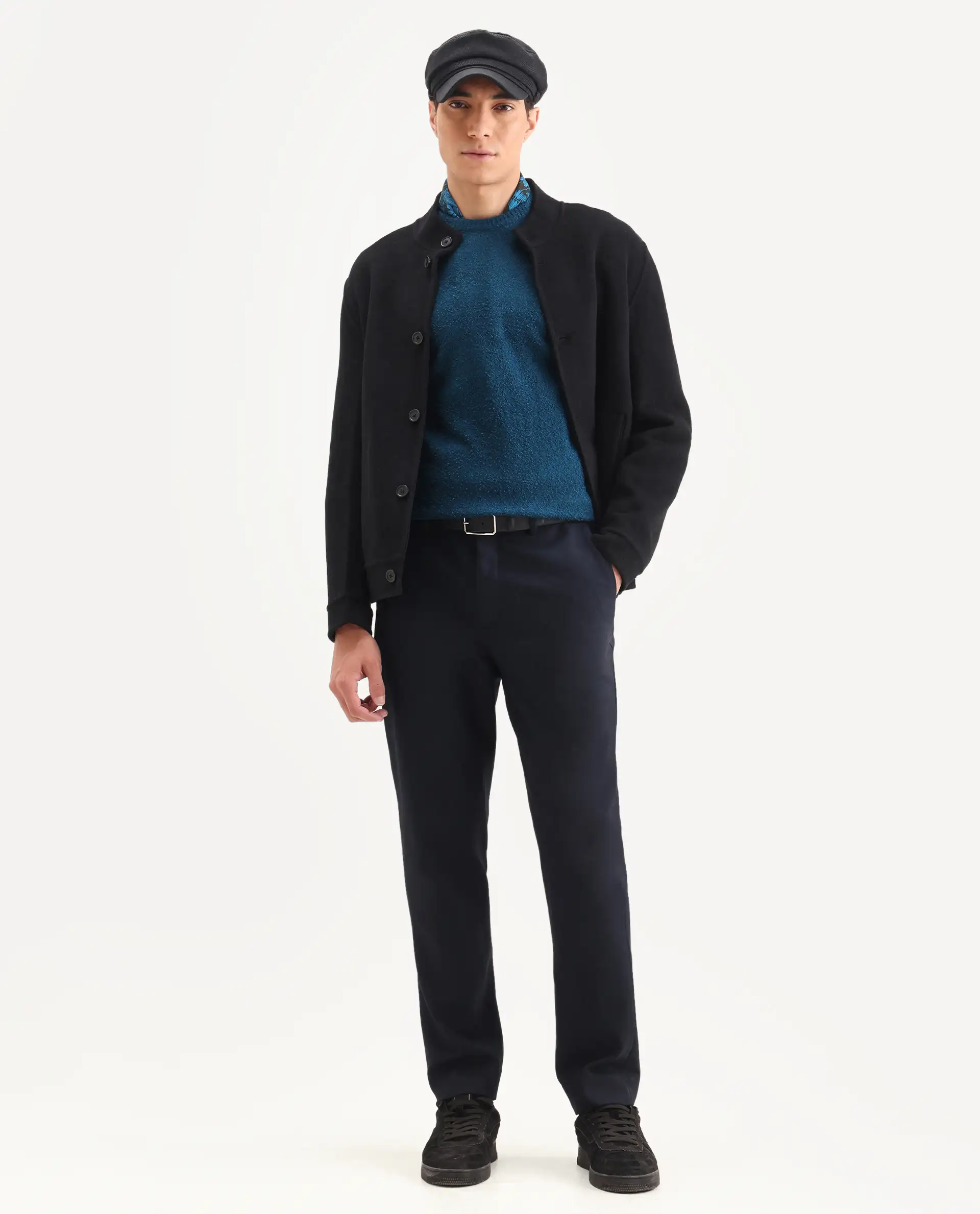 Rare Rabbit Men's Bocle Petrol Polyester Textured Relaxed Fit Full Sleeve Crew Neck Sweater - Image 3