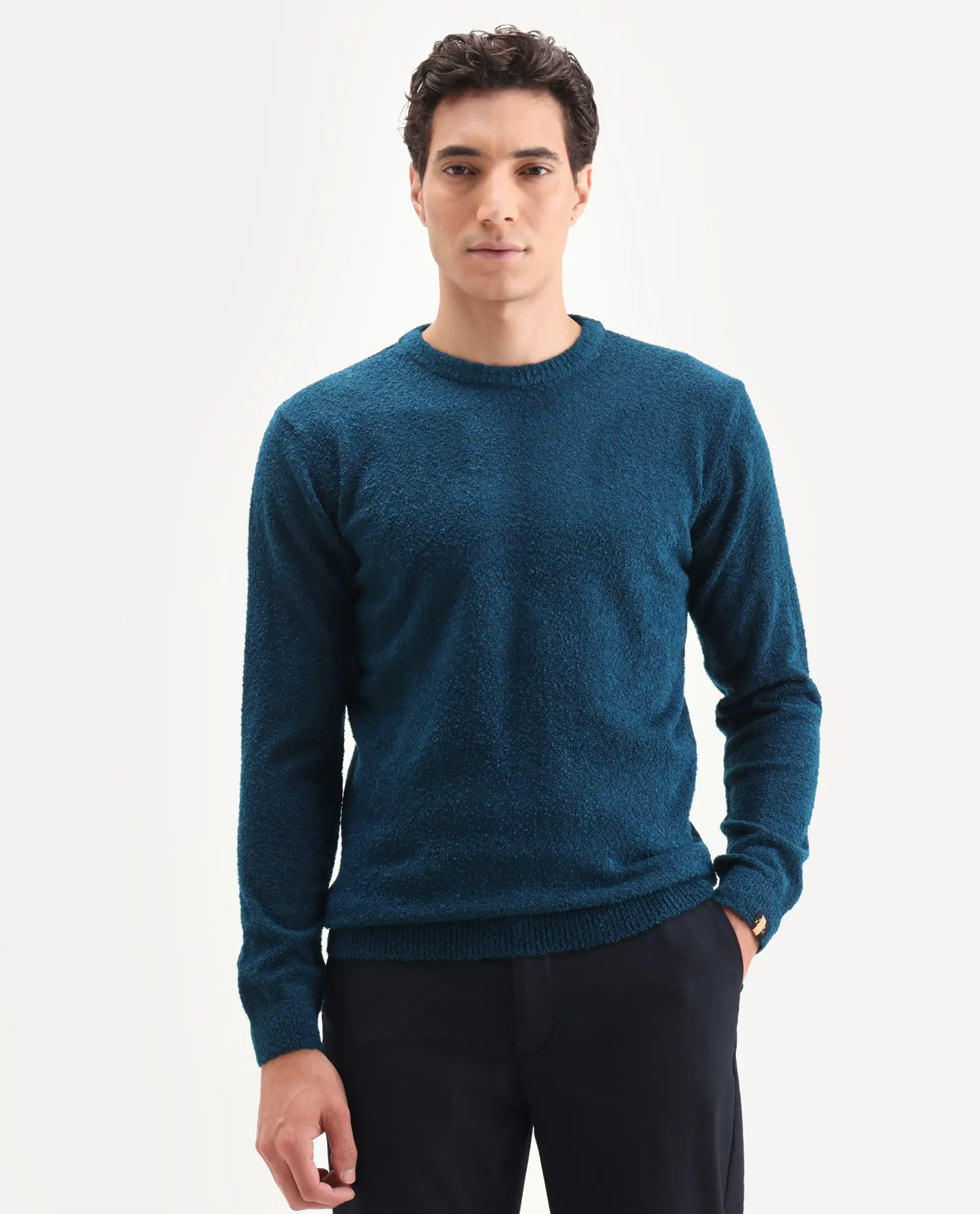 Rare Rabbit Men's Bocle Petrol Polyester Textured Relaxed Fit Full Sleeve Crew Neck Sweater - Image 4
