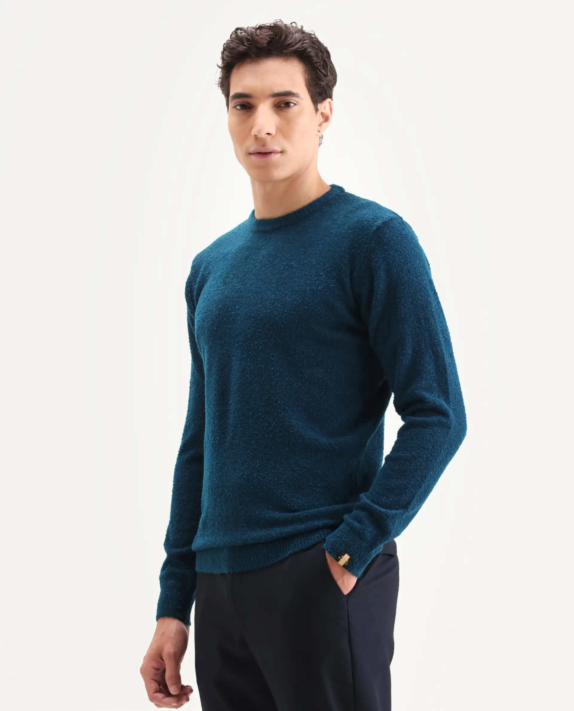 Rare Rabbit Men's Bocle Petrol Polyester Textured Relaxed Fit Full Sleeve Crew Neck Sweater - Image 7