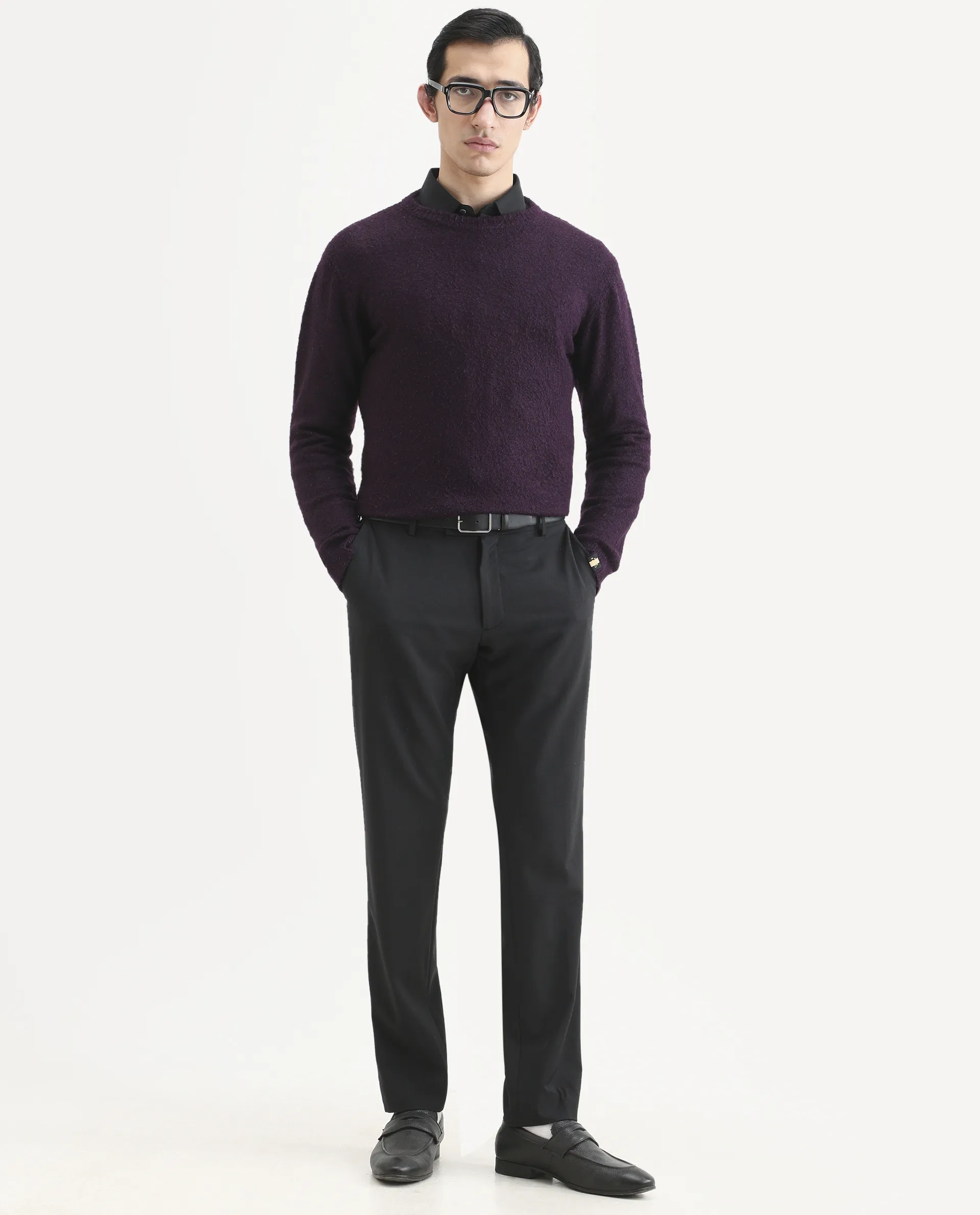 Rare Rabbit Men's Bocle Purple Plain Regular Fit Full Sleeve Crew Neck Sweater - Image 2