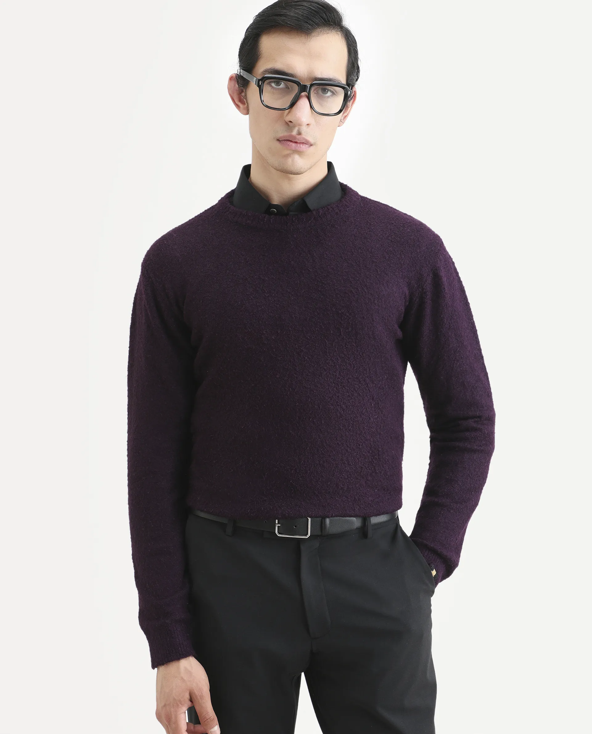 Rare Rabbit Men's Bocle Purple Plain Regular Fit Full Sleeve Crew Neck Sweater - Image 3