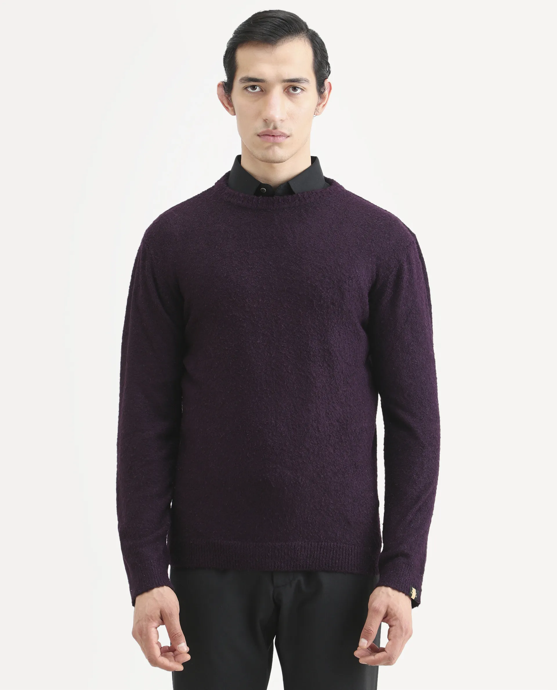 Rare Rabbit Men's Bocle Purple Plain Regular Fit Full Sleeve Crew Neck Sweater - Image 4