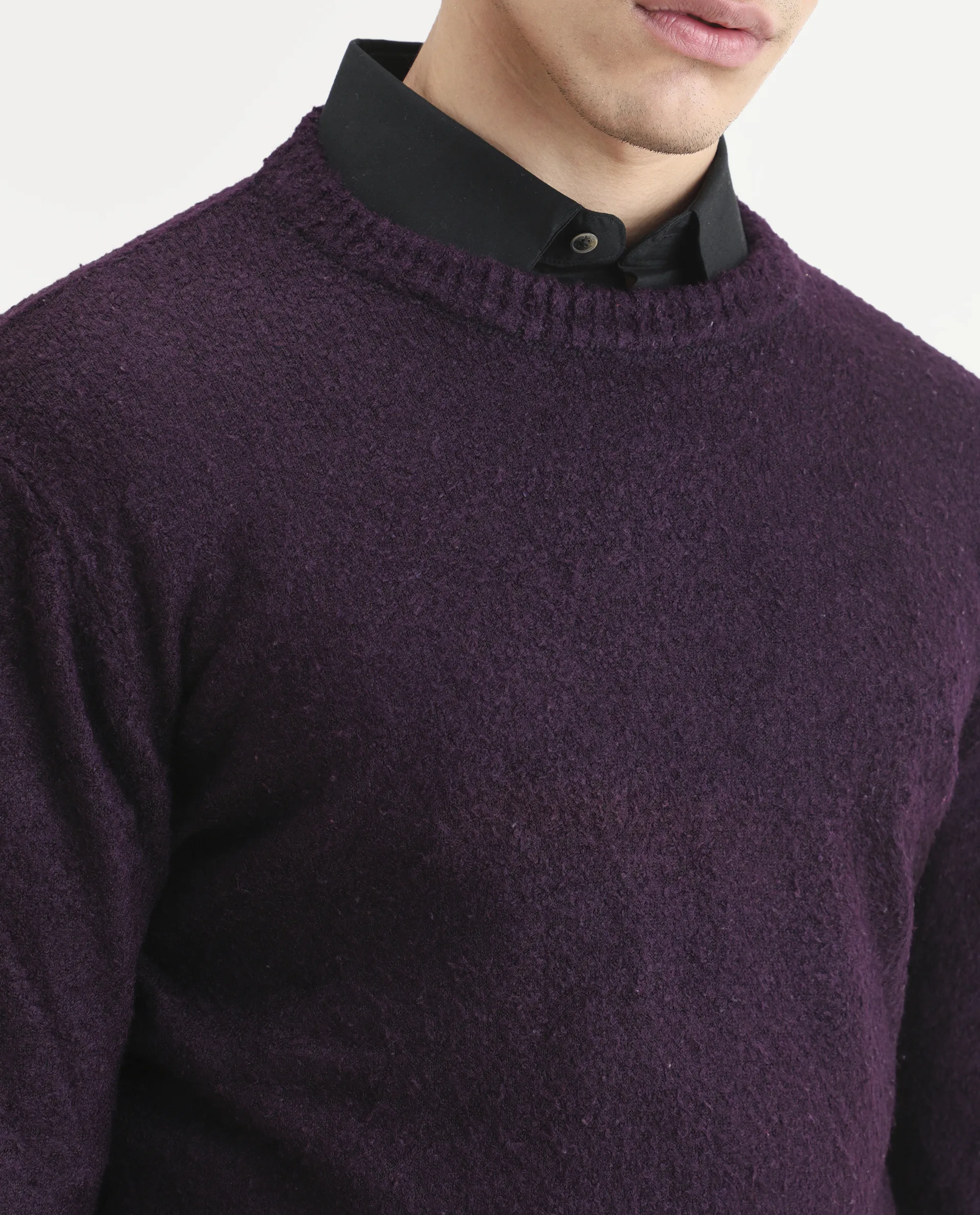 Rare Rabbit Men's Bocle Purple Plain Regular Fit Full Sleeve Crew Neck Sweater - Image 5