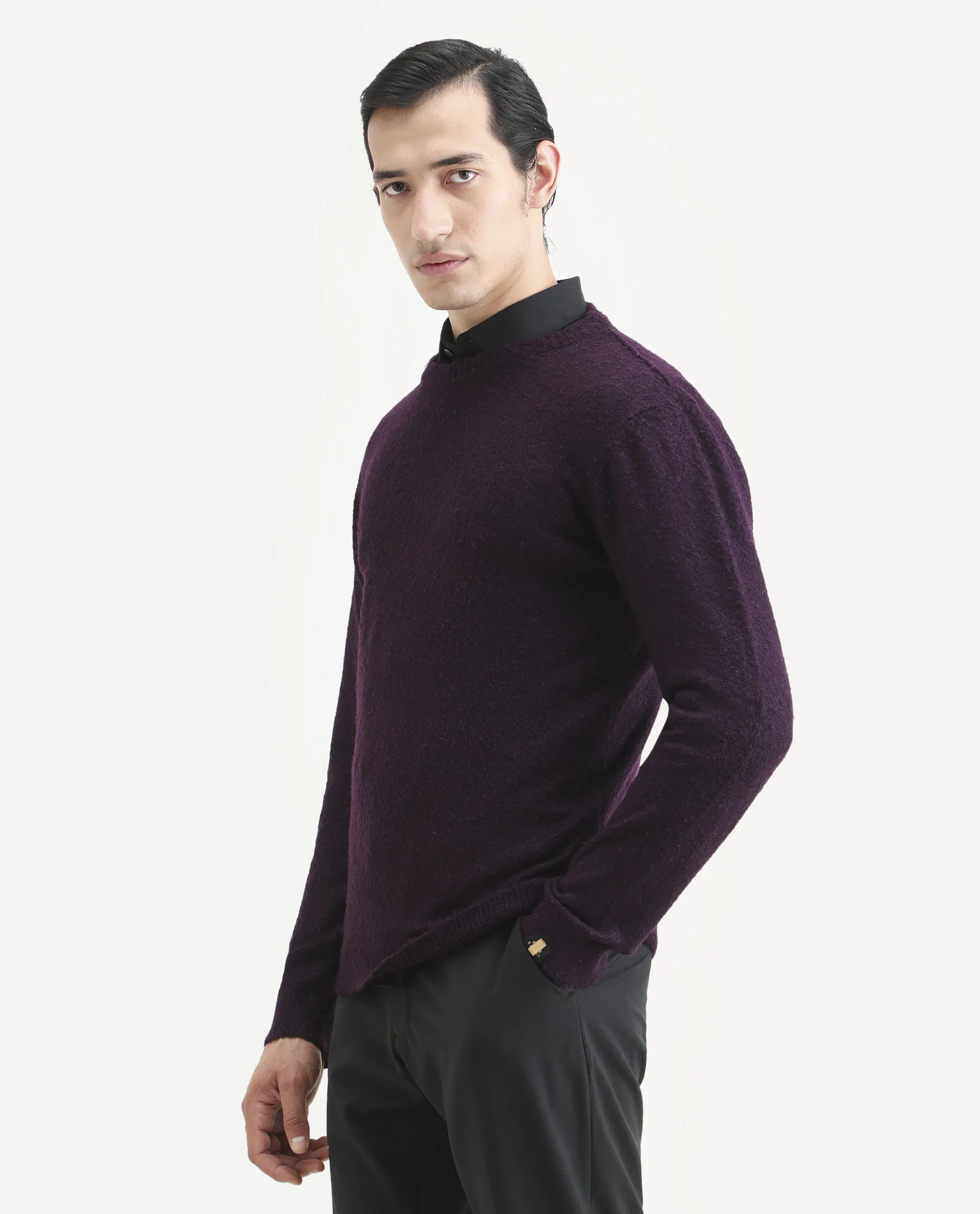 Rare Rabbit Men's Bocle Purple Plain Regular Fit Full Sleeve Crew Neck Sweater - Image 6