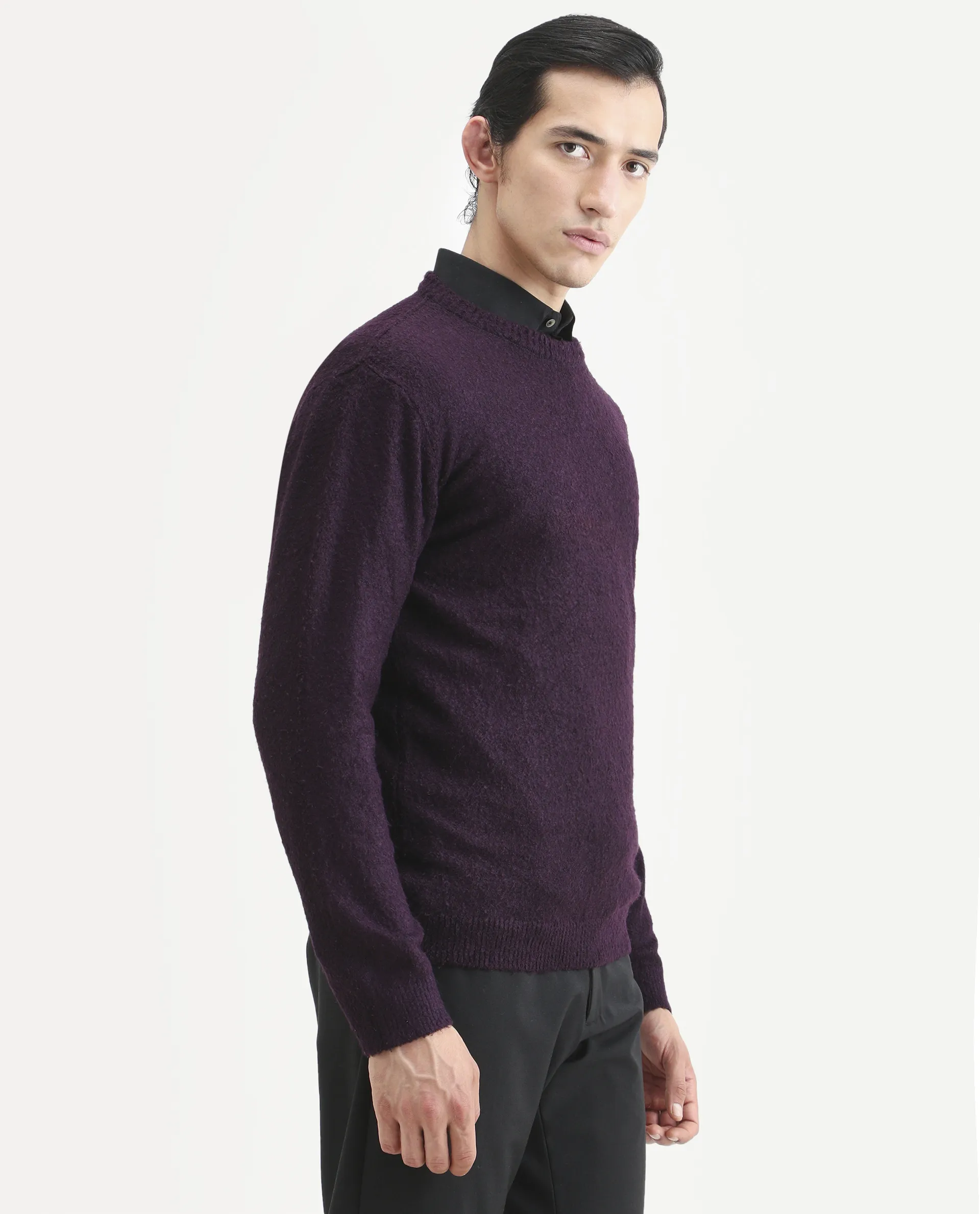 Rare Rabbit Men's Bocle Purple Plain Regular Fit Full Sleeve Crew Neck Sweater - Image 7