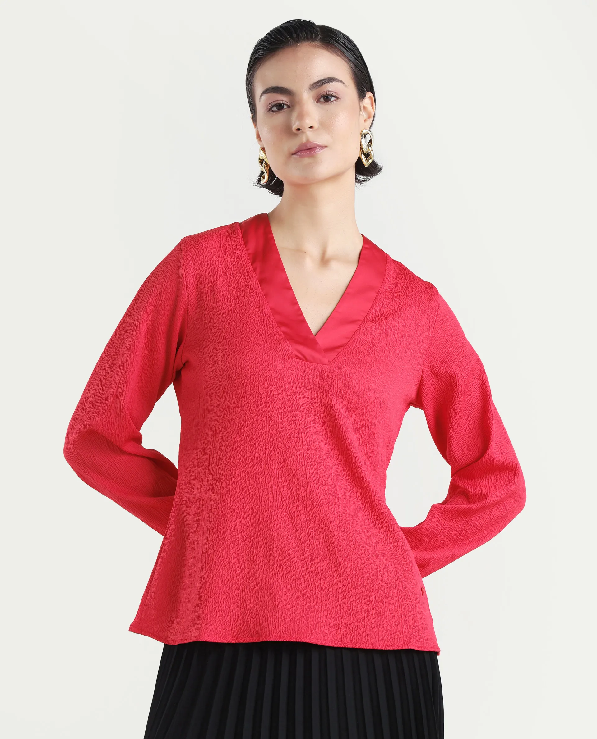 Rareism Women's Boco Pink Polyester V-Neck Plain Balloon Sleeve Regular Fit Top - Image 3