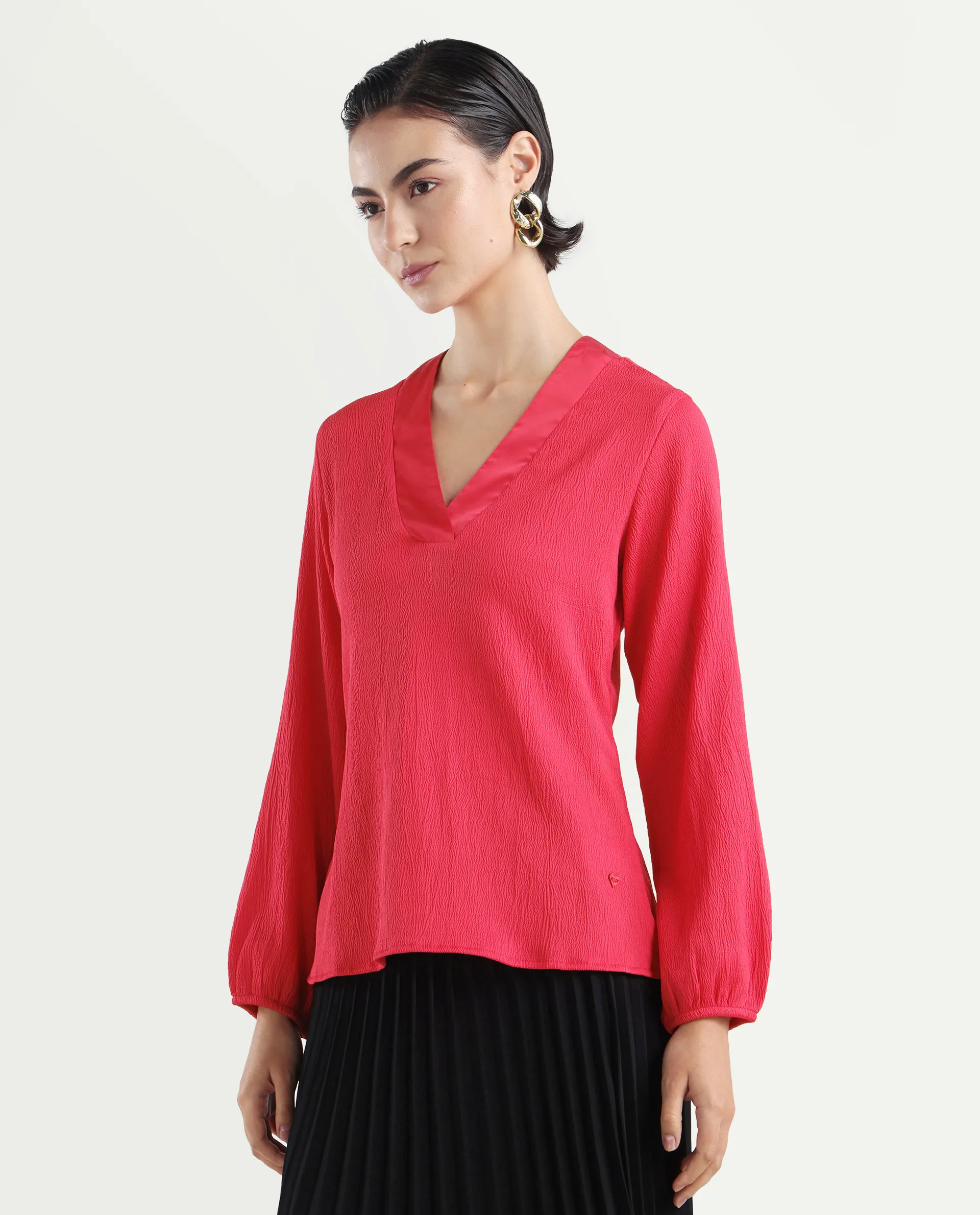 Rareism Women's Boco Pink Polyester V-Neck Plain Balloon Sleeve Regular Fit Top - Image 5