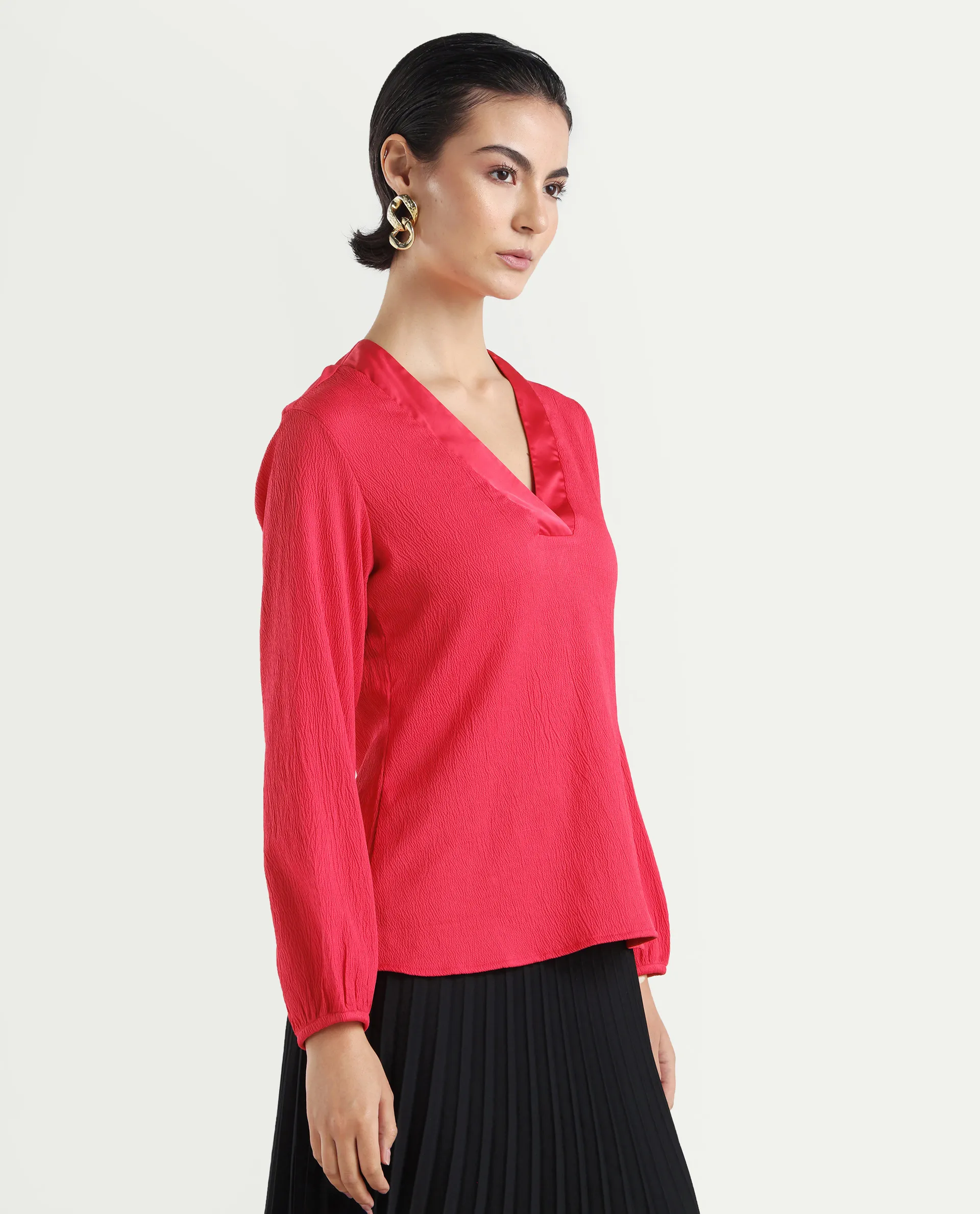 Rareism Women's Boco Pink Polyester V-Neck Plain Balloon Sleeve Regular Fit Top - Image 6