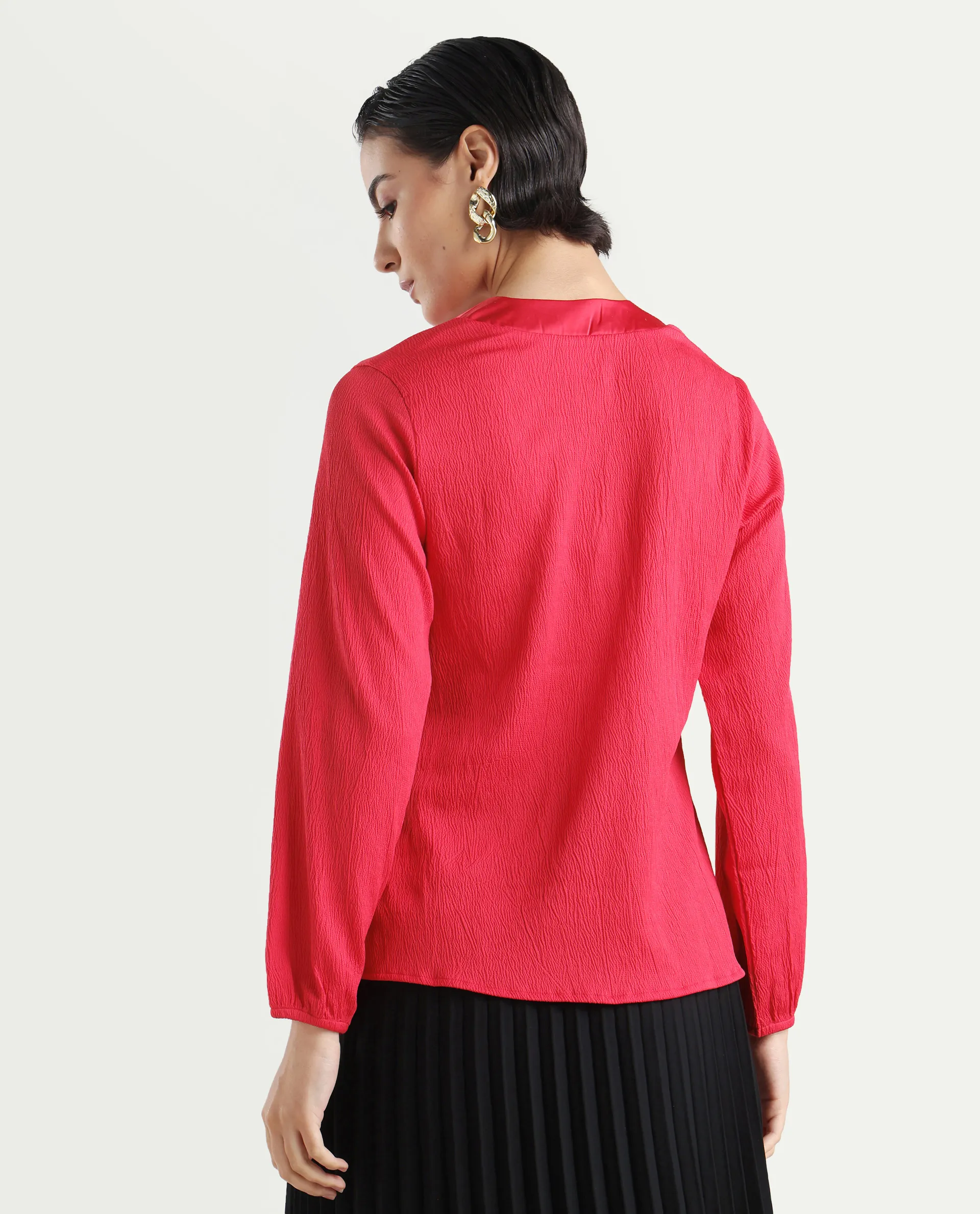 Rareism Women's Boco Pink Polyester V-Neck Plain Balloon Sleeve Regular Fit Top - Image 7