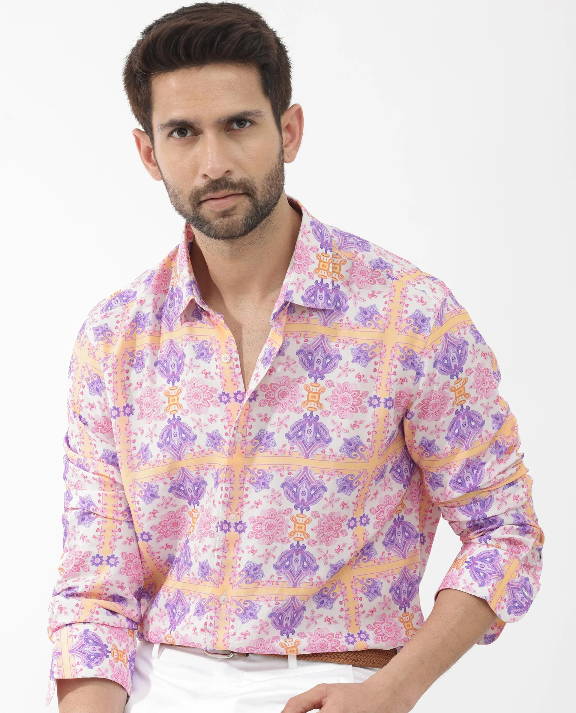 Rare Rabbit Men's Bodem Pink Viscose Decorative Print Regular Fit Full Sleeve Collared Shirt - Image 3