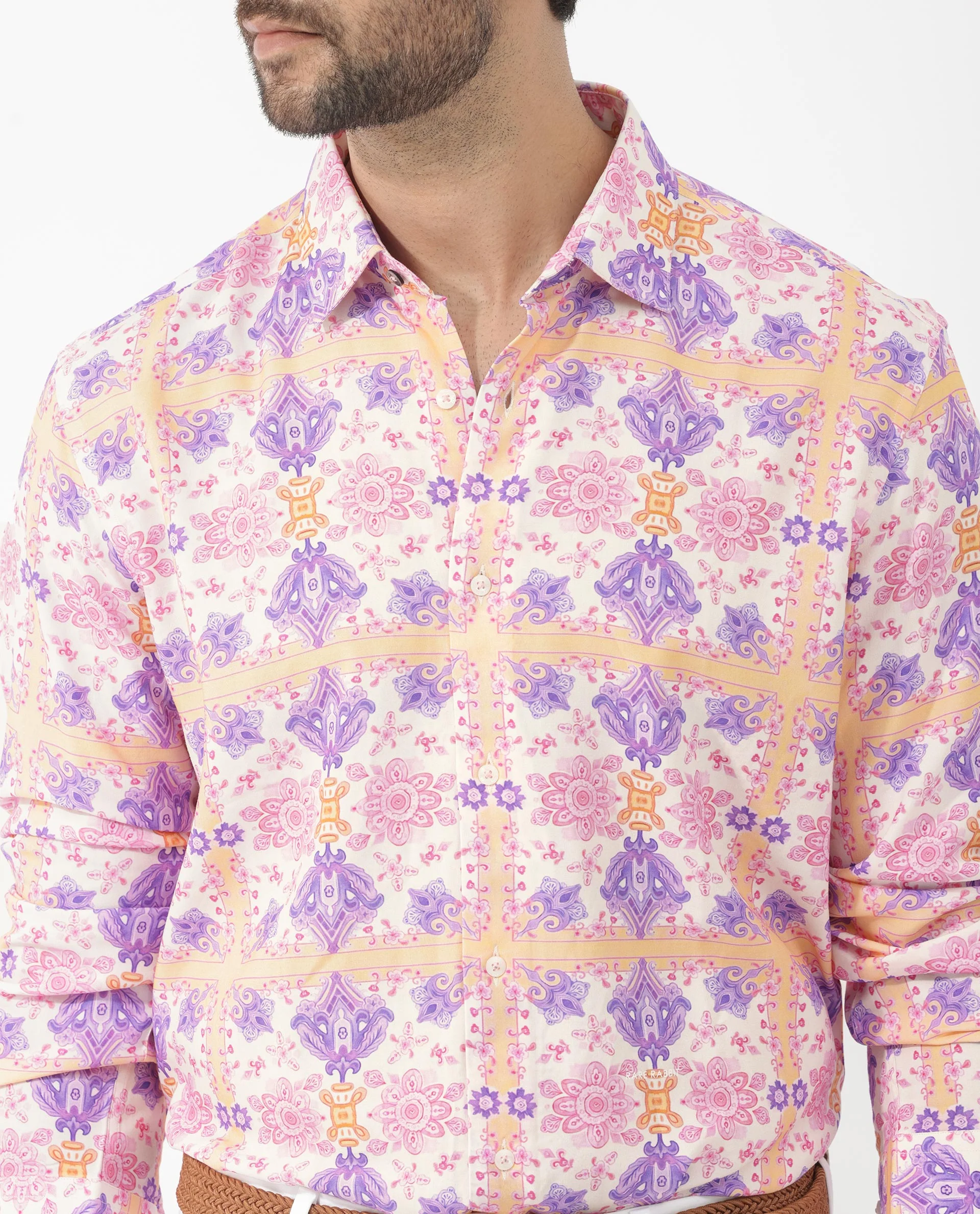 Rare Rabbit Men's Bodem Pink Viscose Decorative Print Regular Fit Full Sleeve Collared Shirt - Image 4