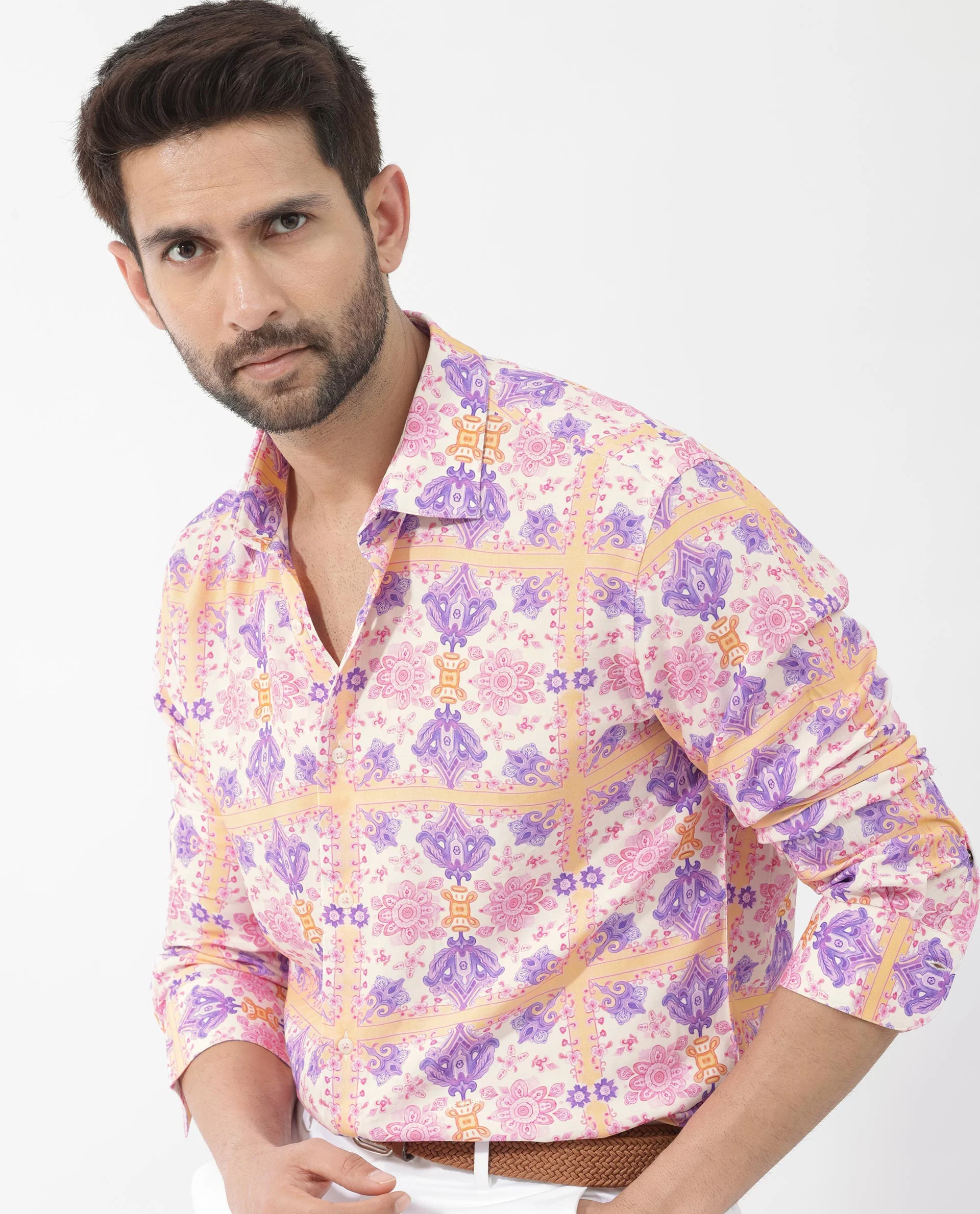Rare Rabbit Men's Bodem Pink Viscose Decorative Print Regular Fit Full Sleeve Collared Shirt - Image 5