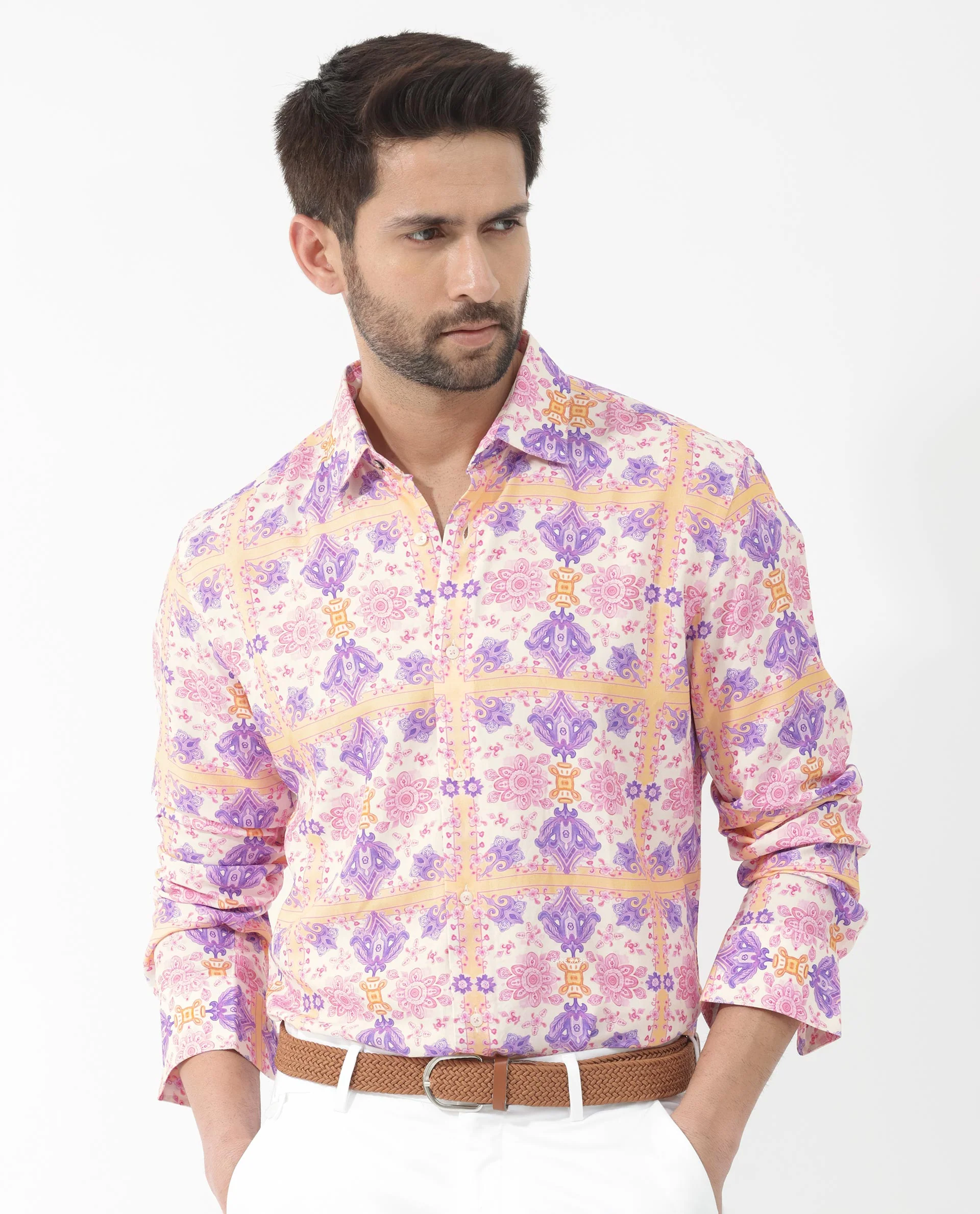 Rare Rabbit Men's Bodem Pink Viscose Decorative Print Regular Fit Full Sleeve Collared Shirt - Image 6