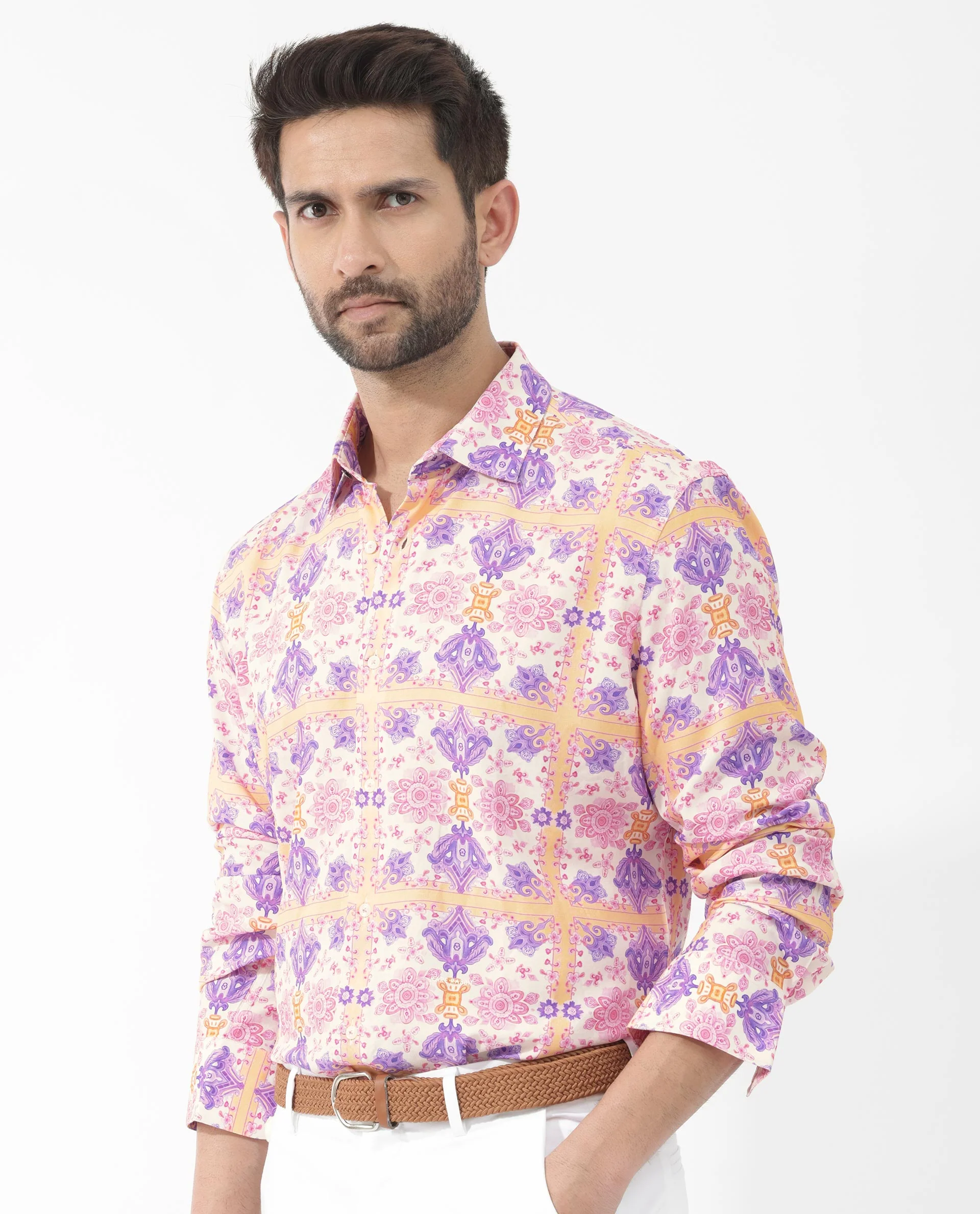 Rare Rabbit Men's Bodem Pink Viscose Decorative Print Regular Fit Full Sleeve Collared Shirt - Image 7