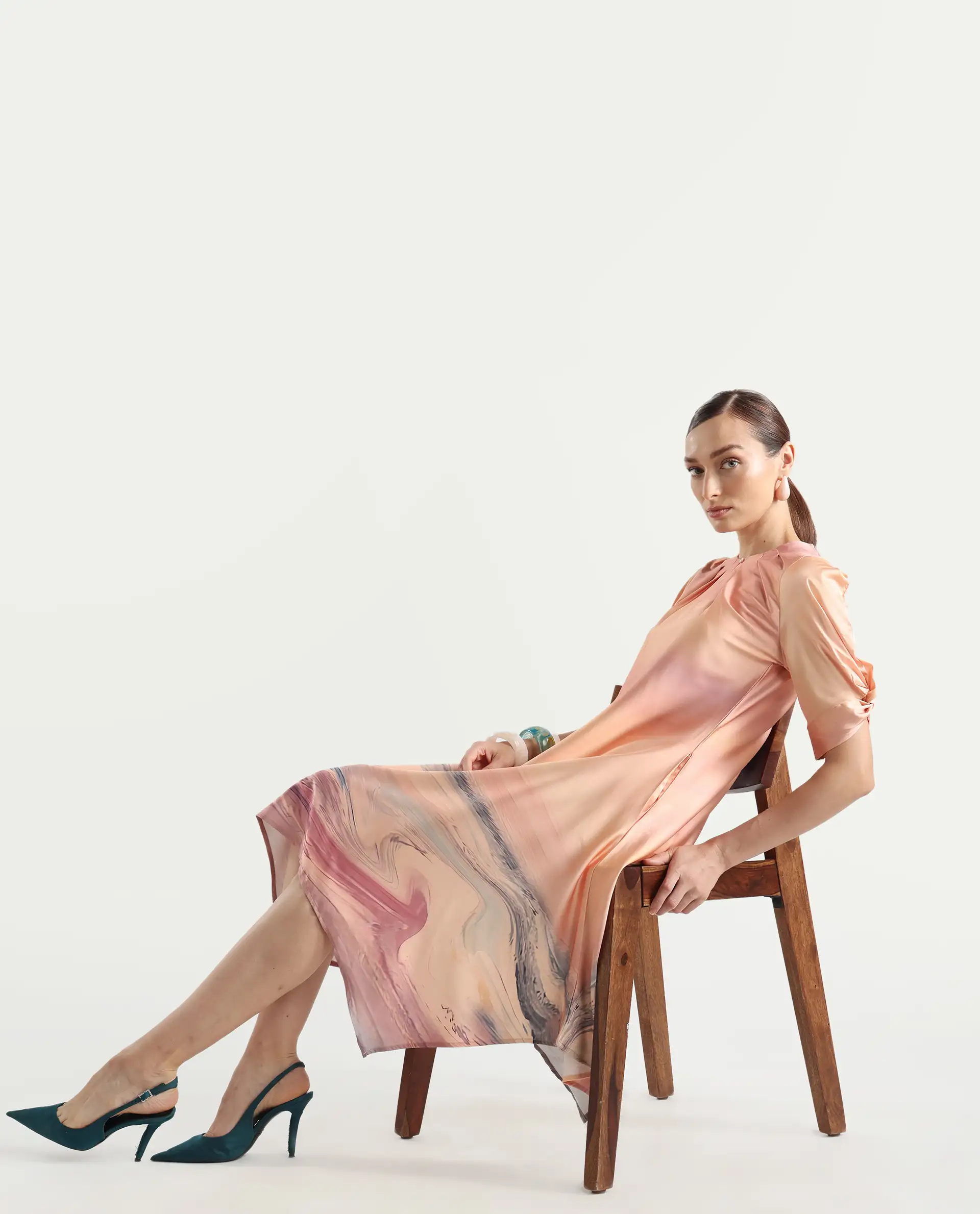 Rareism Women's Bogaz Pastel Multi Polyester Crew Neck Abstract Print Balloon Sleeve Midi Asymmetric Dress - Image 2