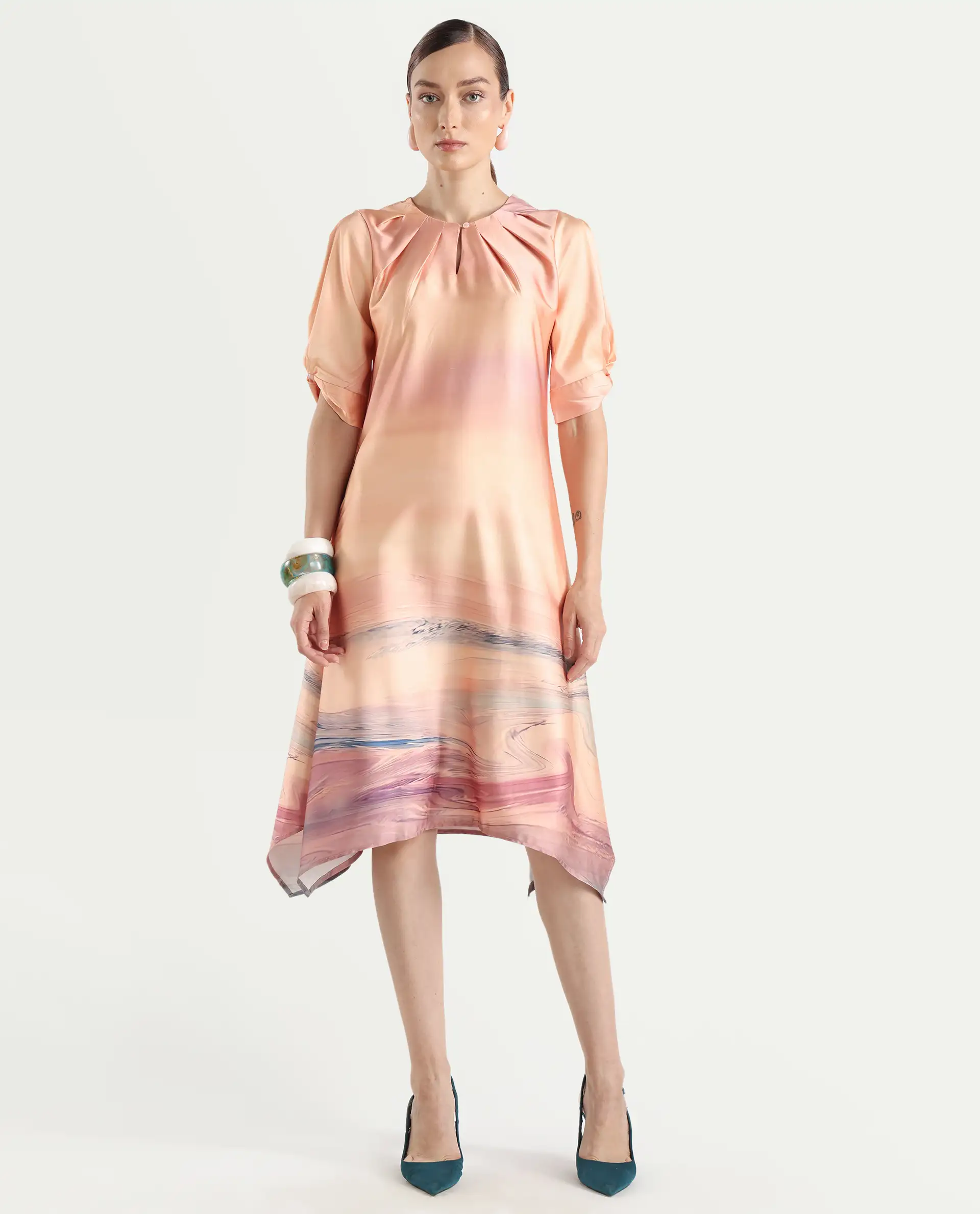 Rareism Women's Bogaz Pastel Multi Polyester Crew Neck Abstract Print Balloon Sleeve Midi Asymmetric Dress - Image 3