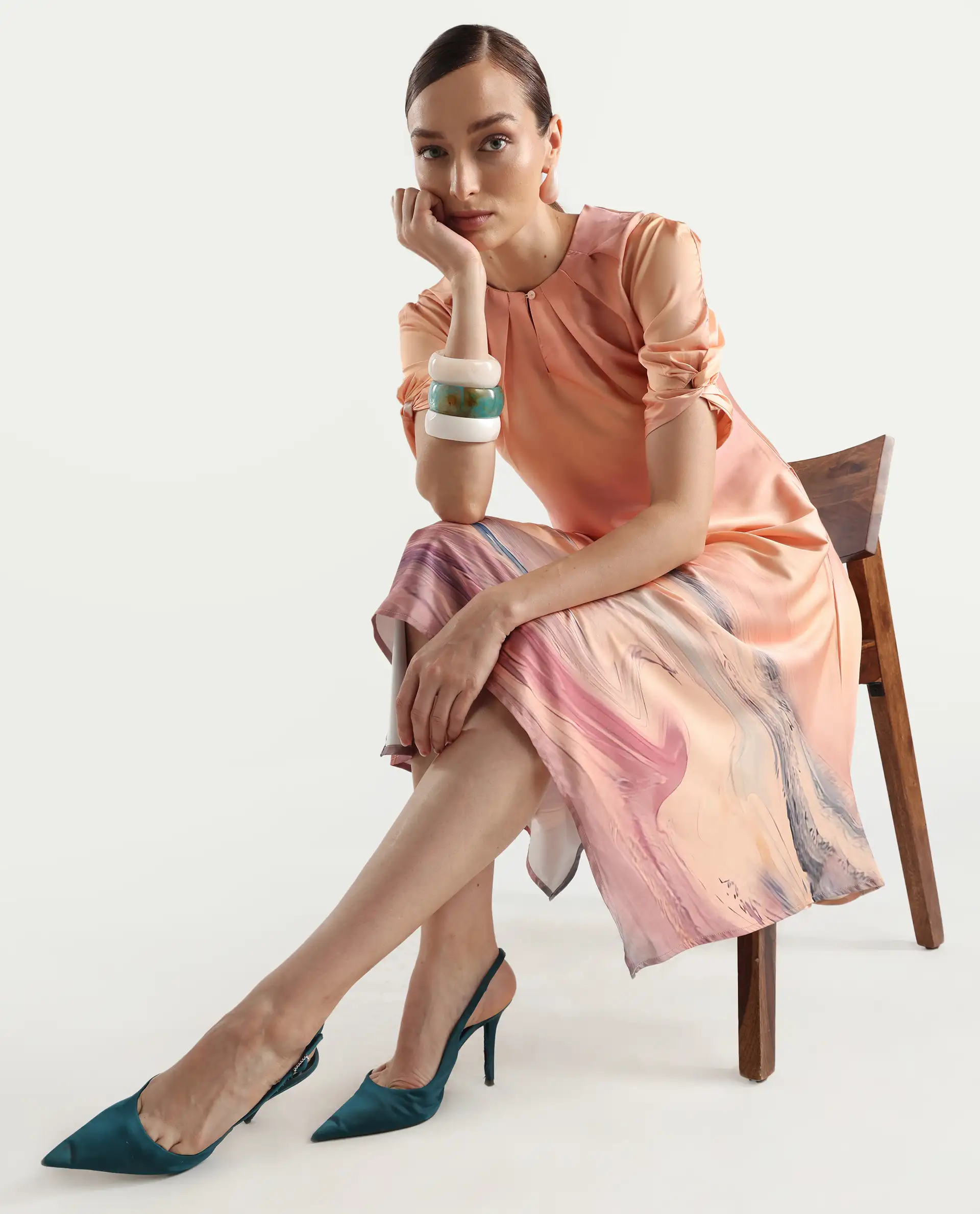 Rareism Women's Bogaz Pastel Multi Polyester Crew Neck Abstract Print Balloon Sleeve Midi Asymmetric Dress - Image 4