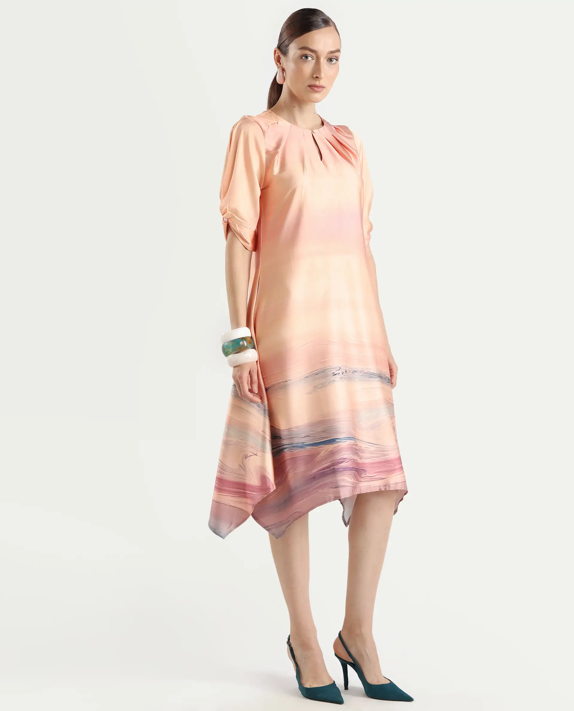Rareism Women's Bogaz Pastel Multi Polyester Crew Neck Abstract Print Balloon Sleeve Midi Asymmetric Dress - Image 7