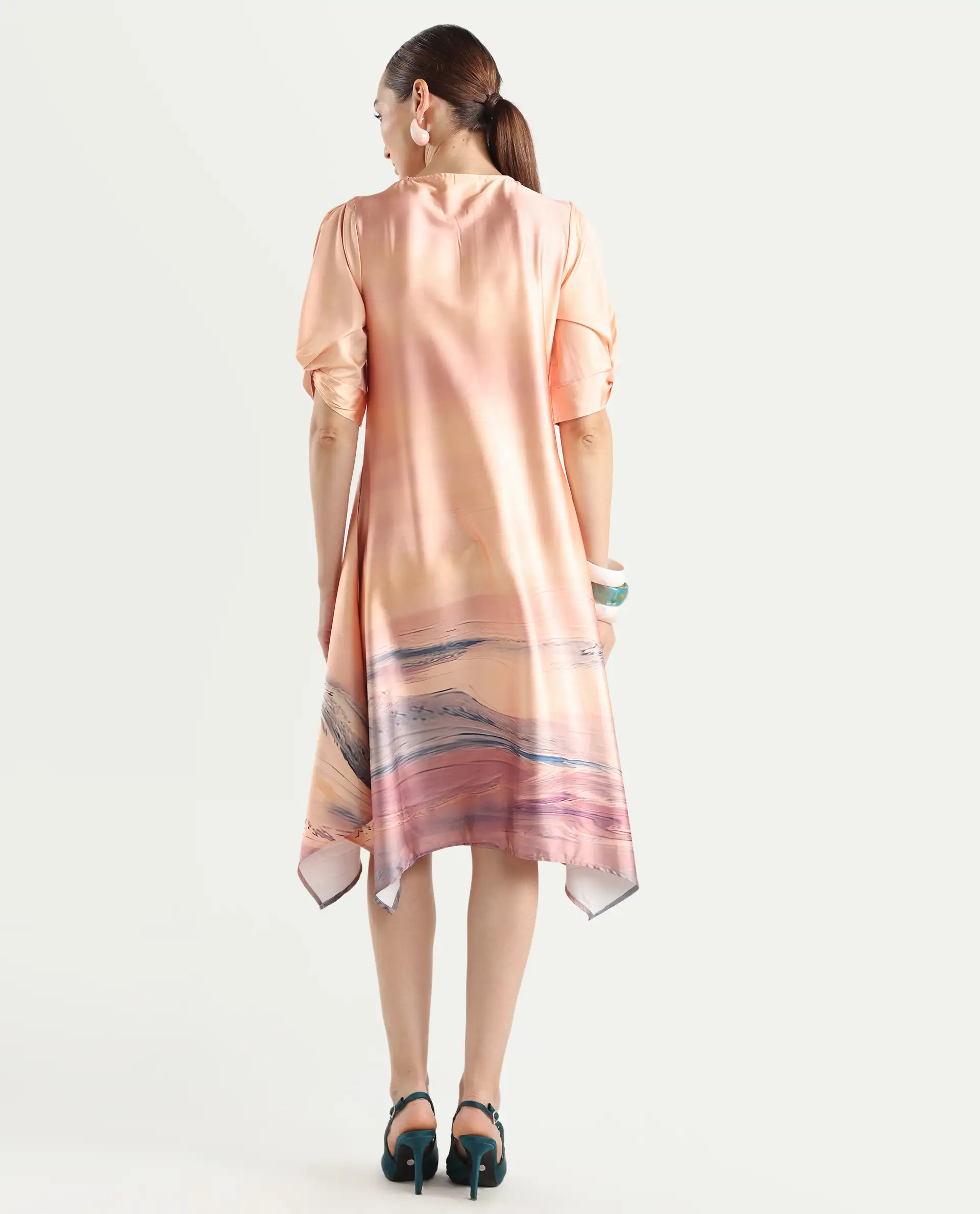 Rareism Women's Bogaz Pastel Multi Polyester Crew Neck Abstract Print Balloon Sleeve Midi Asymmetric Dress - Image 8