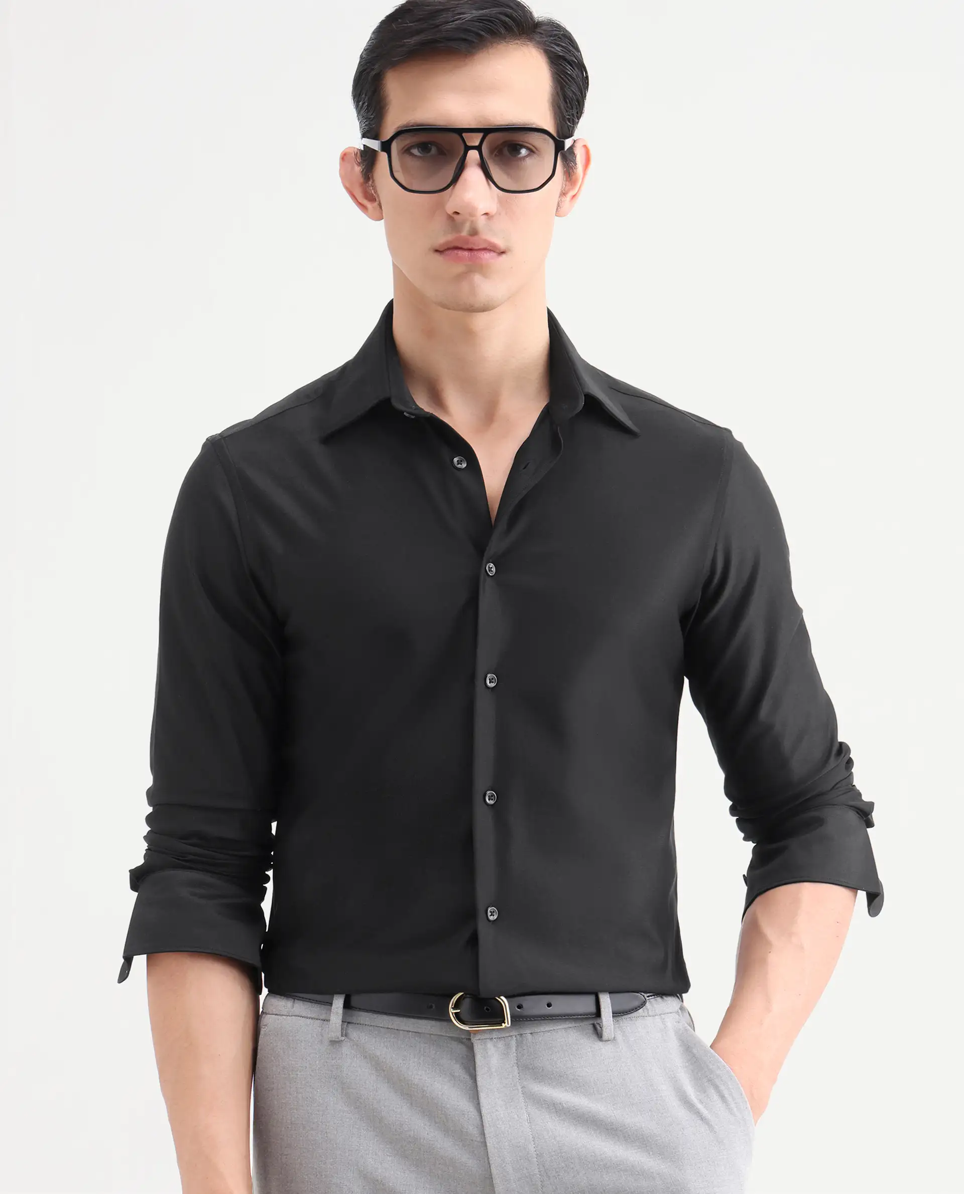Rare Rabbit Men's Bogi Black Cotton Blend Full Sleeve Spread Collar Regular Fit Plain Shirt