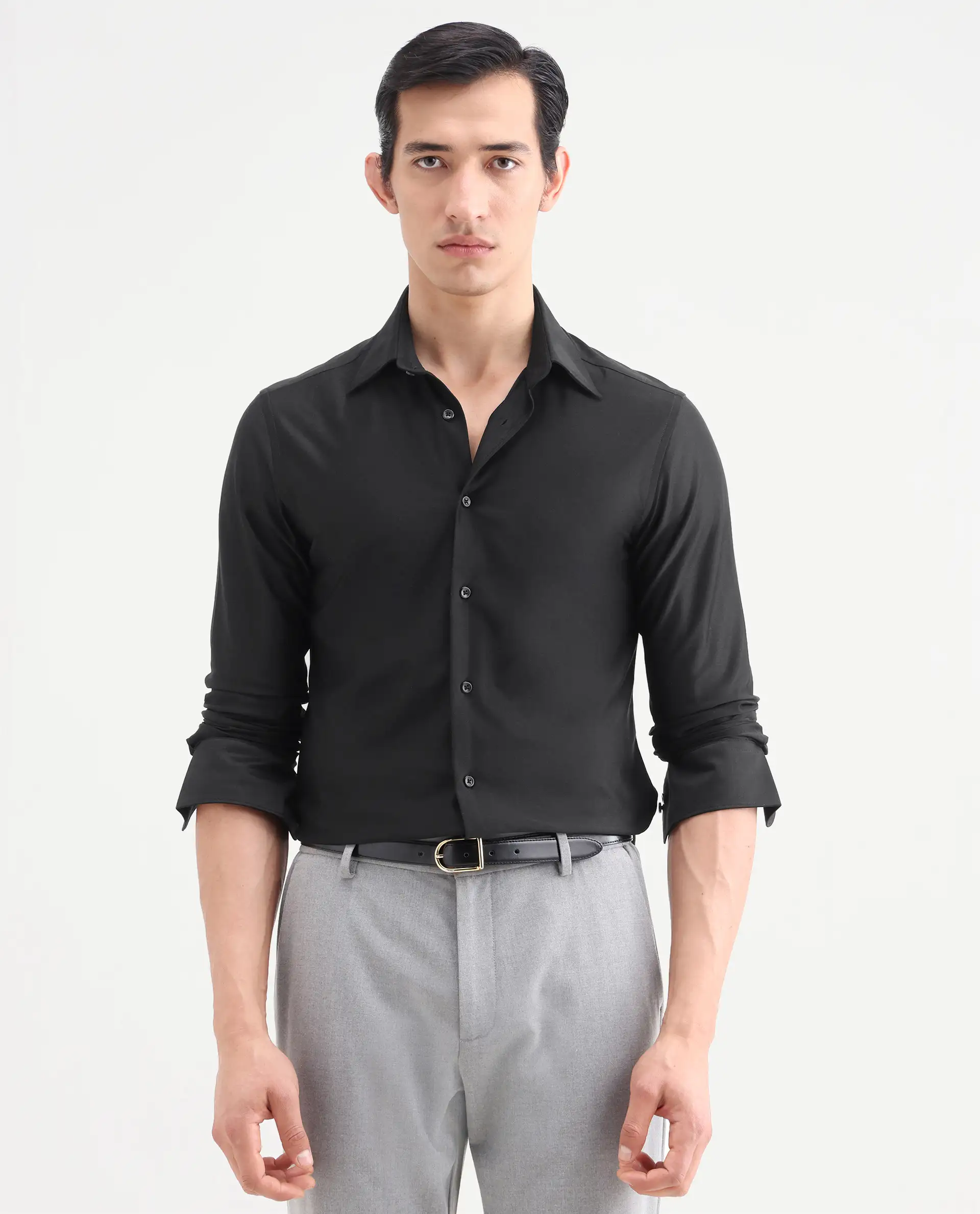 Rare Rabbit Men's Bogi Black Cotton Blend Full Sleeve Spread Collar Regular Fit Plain Shirt - Image 4