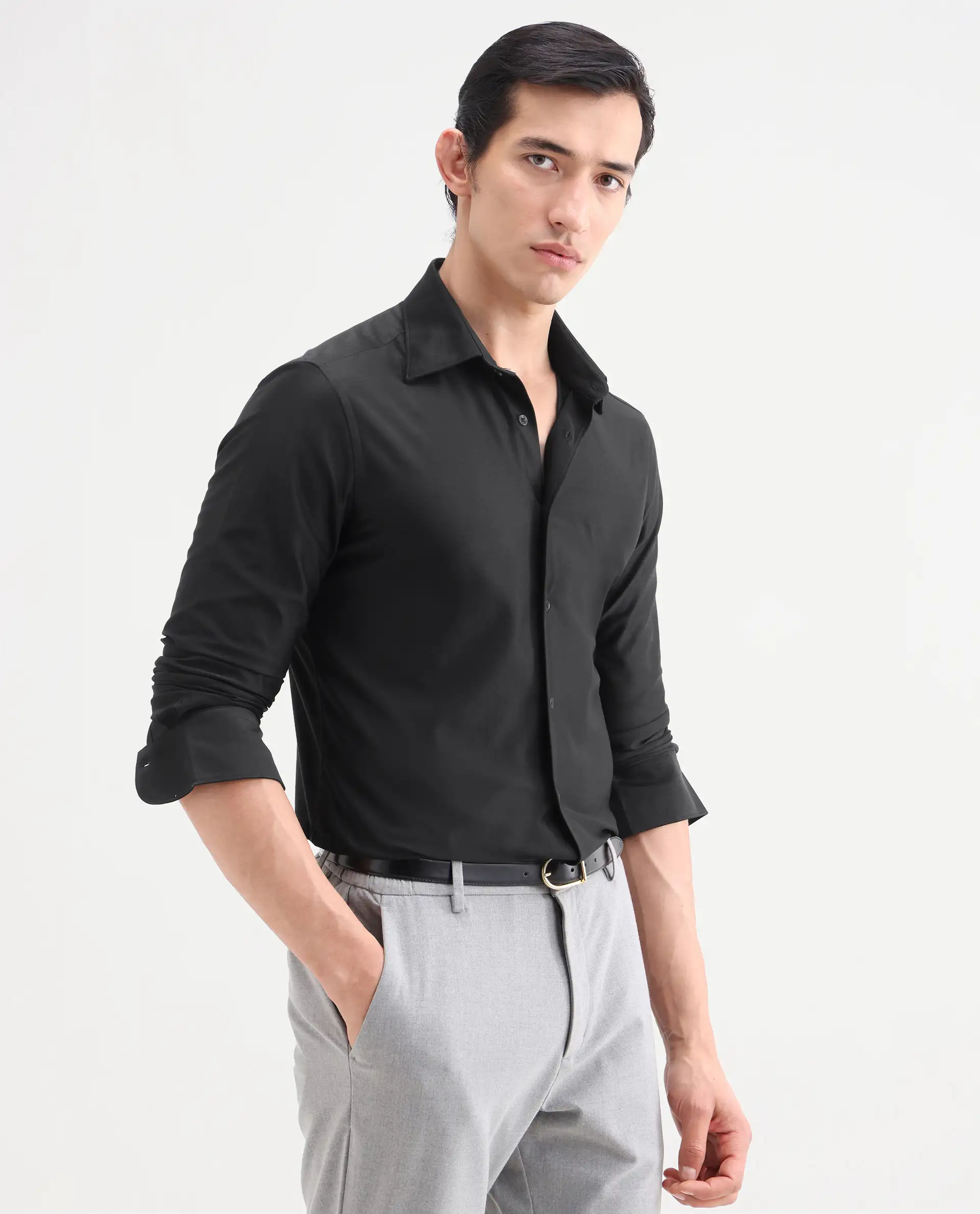 Rare Rabbit Men's Bogi Black Cotton Blend Full Sleeve Spread Collar Regular Fit Plain Shirt - Image 5