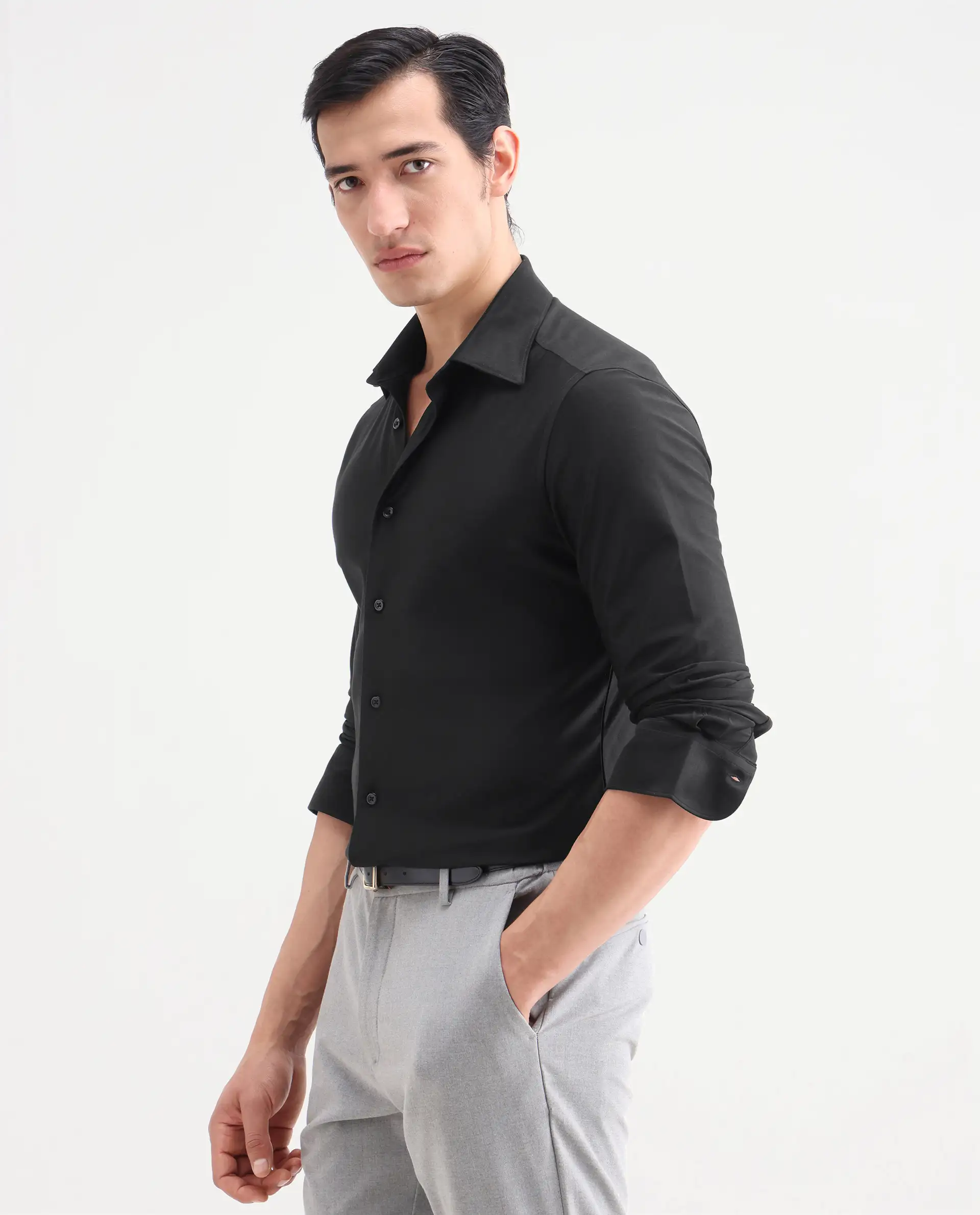 Rare Rabbit Men's Bogi Black Cotton Blend Full Sleeve Spread Collar Regular Fit Plain Shirt - Image 6