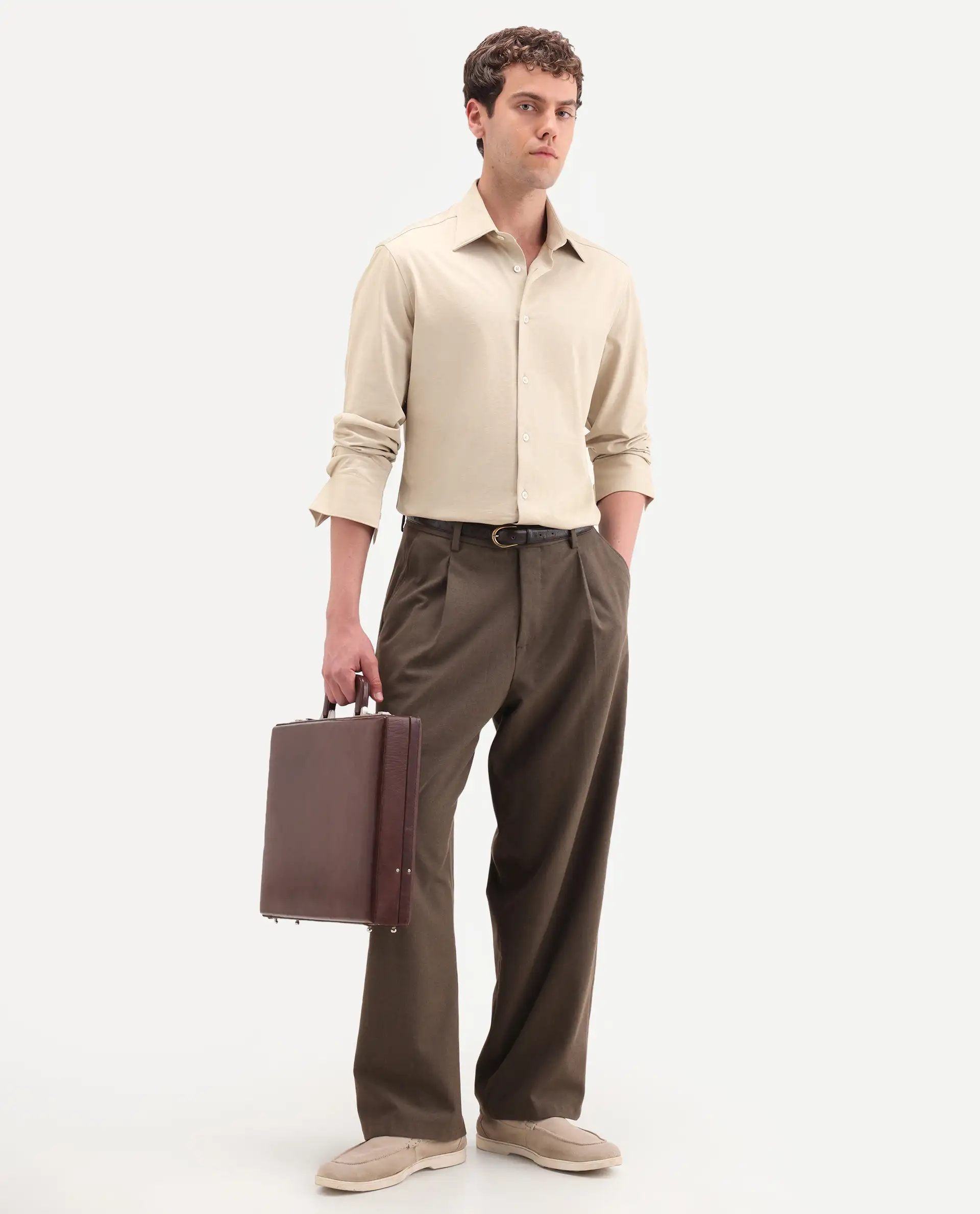 Rare Rabbit Men's Bogi Light Beige Cotton Blend Full Sleeve Spread Collar Regular Fit Plain Shirt - Image 2