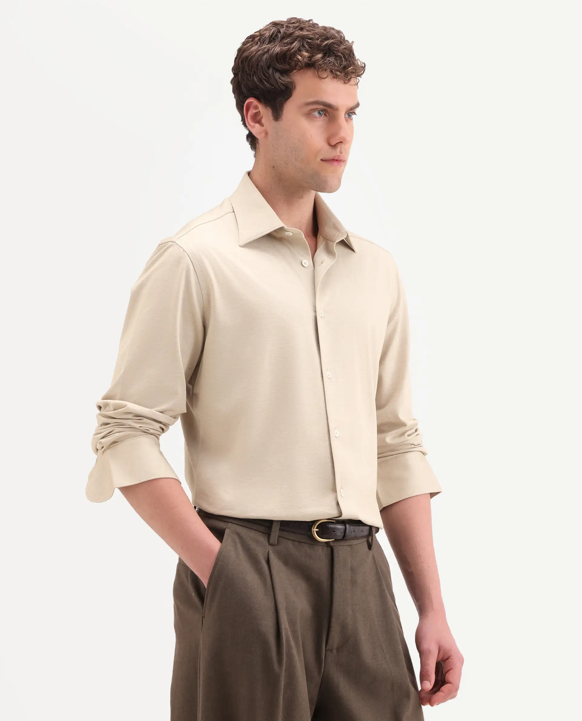 Rare Rabbit Men's Bogi Light Beige Cotton Blend Full Sleeve Spread Collar Regular Fit Plain Shirt - Image 4