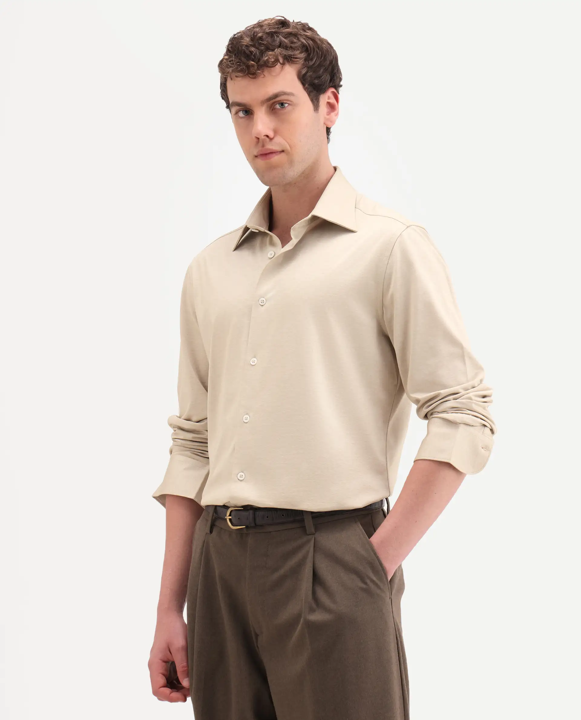 Rare Rabbit Men's Bogi Light Beige Cotton Blend Full Sleeve Spread Collar Regular Fit Plain Shirt - Image 5