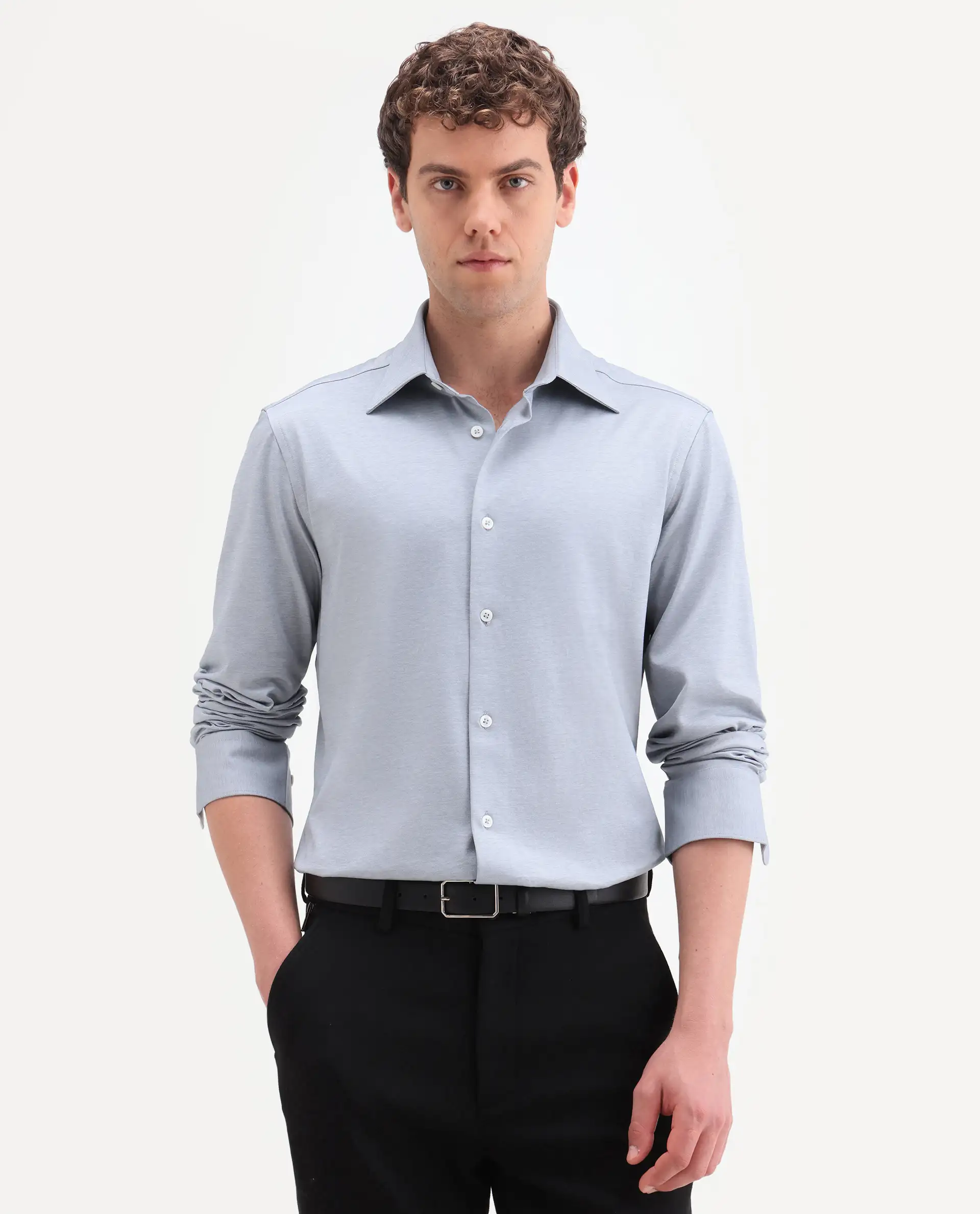 Rare Rabbit Men's Bogi Light Blue Cotton Blend Full Sleeve Spread Collar Regular Fit Plain Shirt