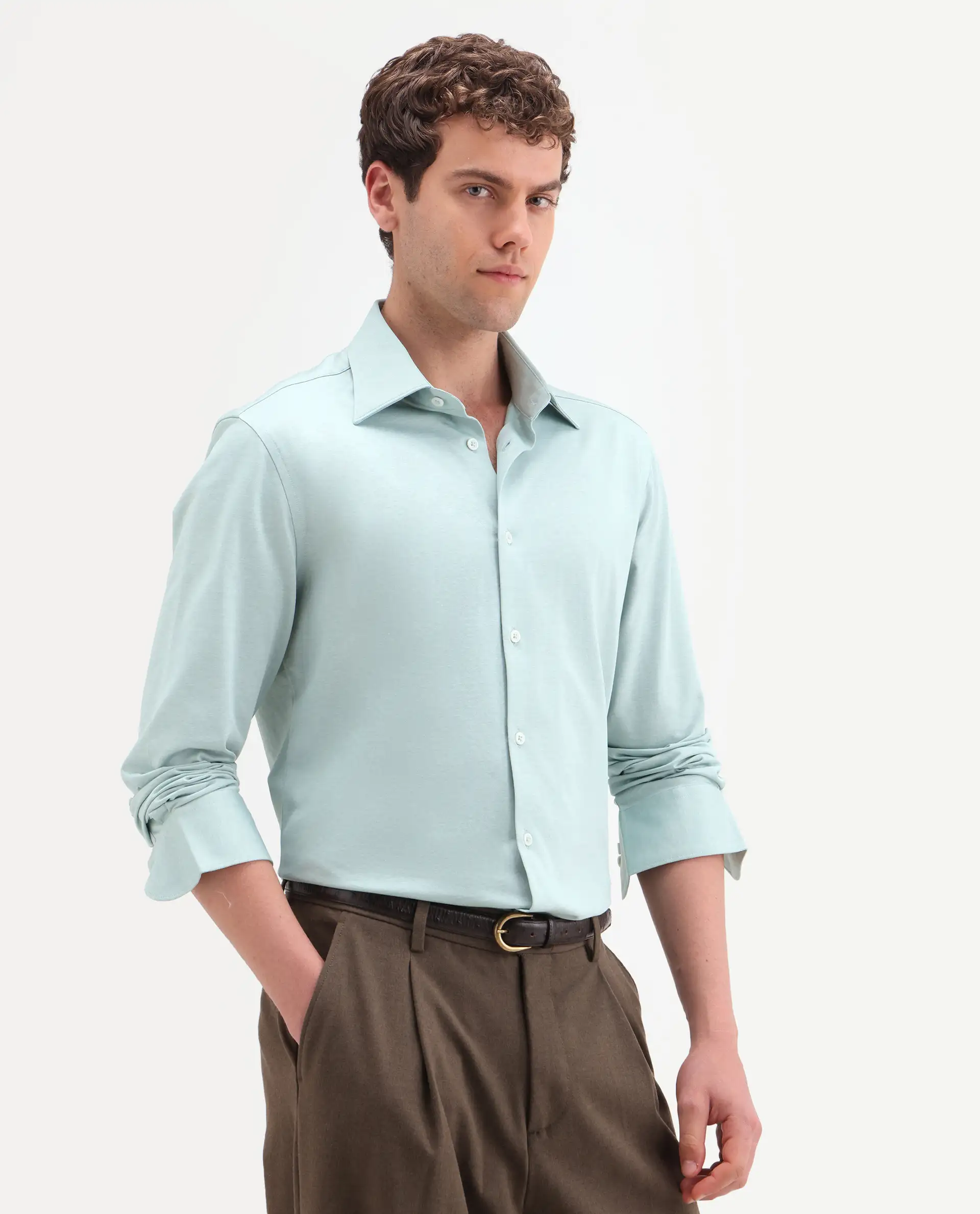 Rare Rabbit Men's Bogi Light Green Cotton Blend Full Sleeve Spread Collar Regular Fit Plain Shirt - Image 4