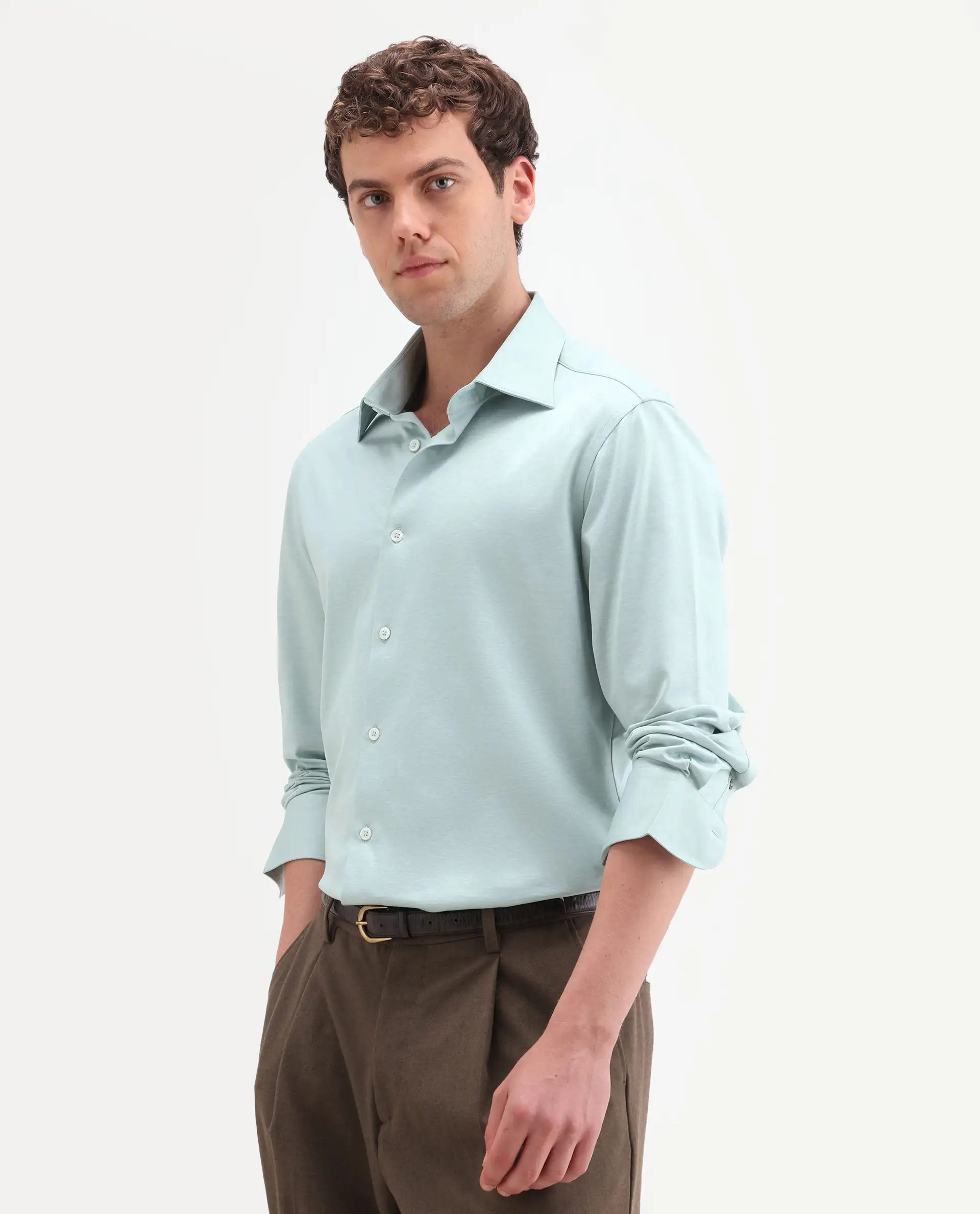 Rare Rabbit Men's Bogi Light Green Cotton Blend Full Sleeve Spread Collar Regular Fit Plain Shirt - Image 5