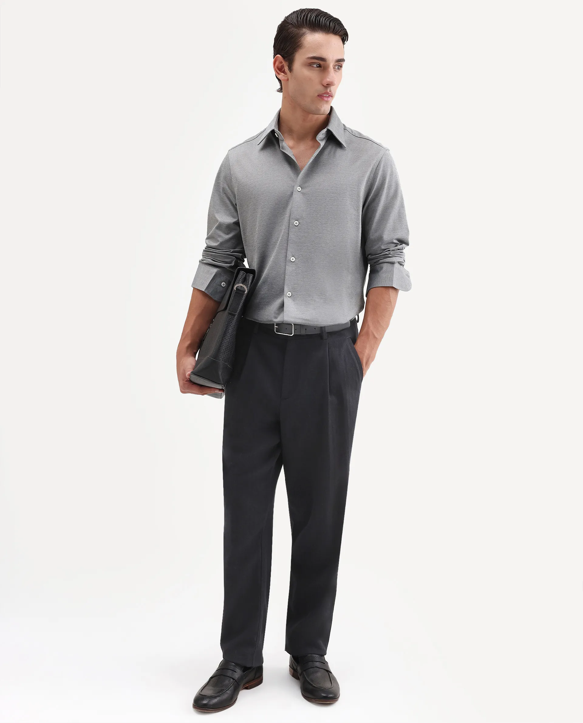 Rare Rabbit Men's Bogi Light Grey Cotton Blend Full Sleeve Spread Collar Regular Fit Plain Shirt - Image 2