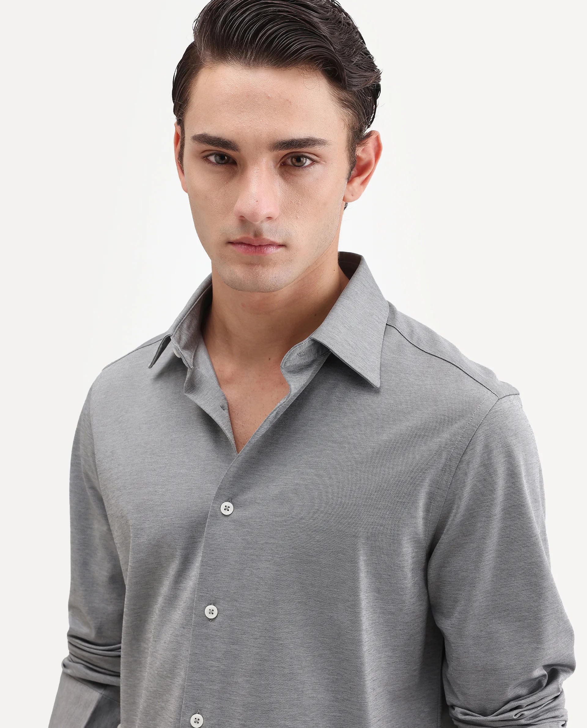 Rare Rabbit Men's Bogi Light Grey Cotton Blend Full Sleeve Spread Collar Regular Fit Plain Shirt - Image 3