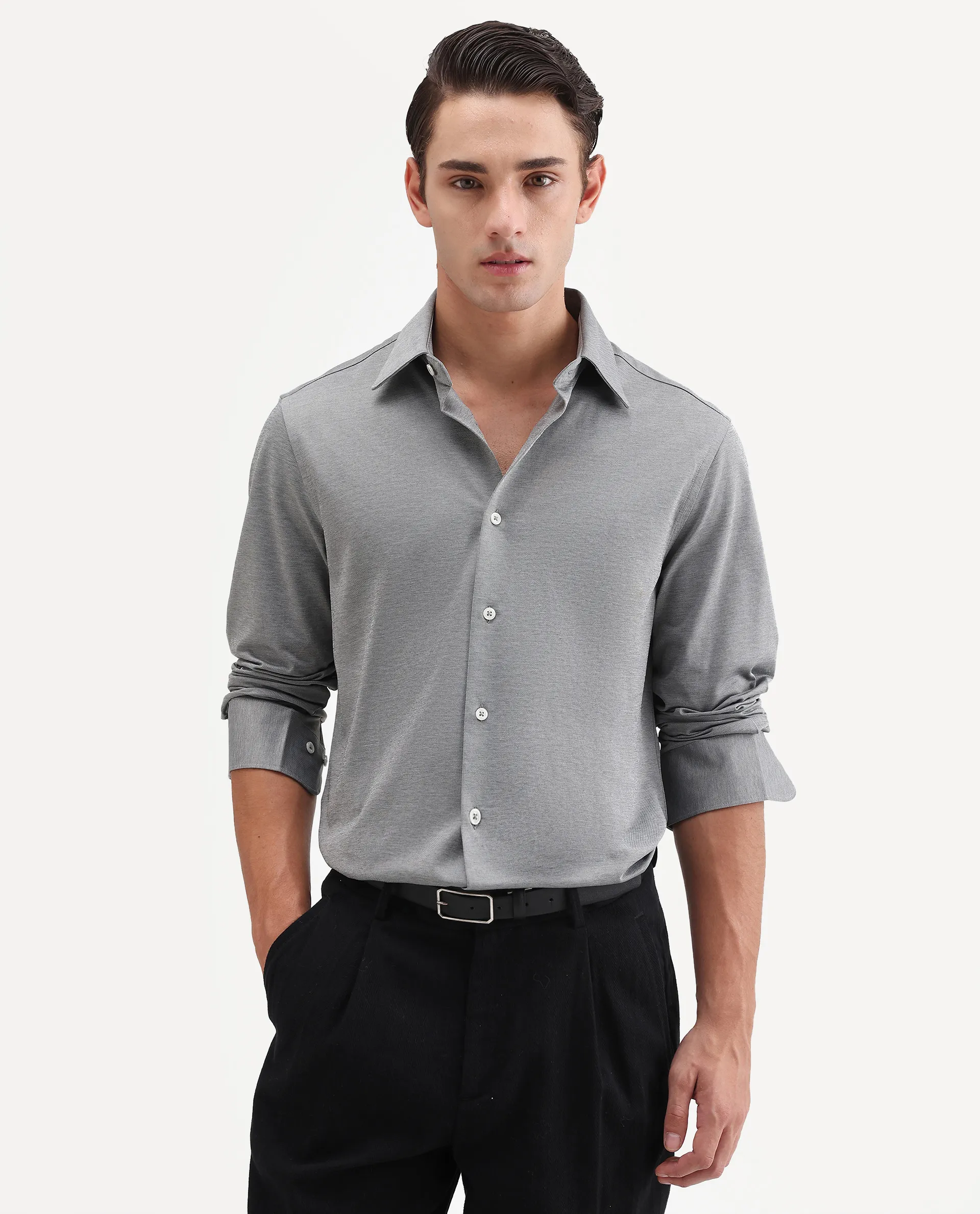 Rare Rabbit Men's Bogi Light Grey Cotton Blend Full Sleeve Spread Collar Regular Fit Plain Shirt - Image 4