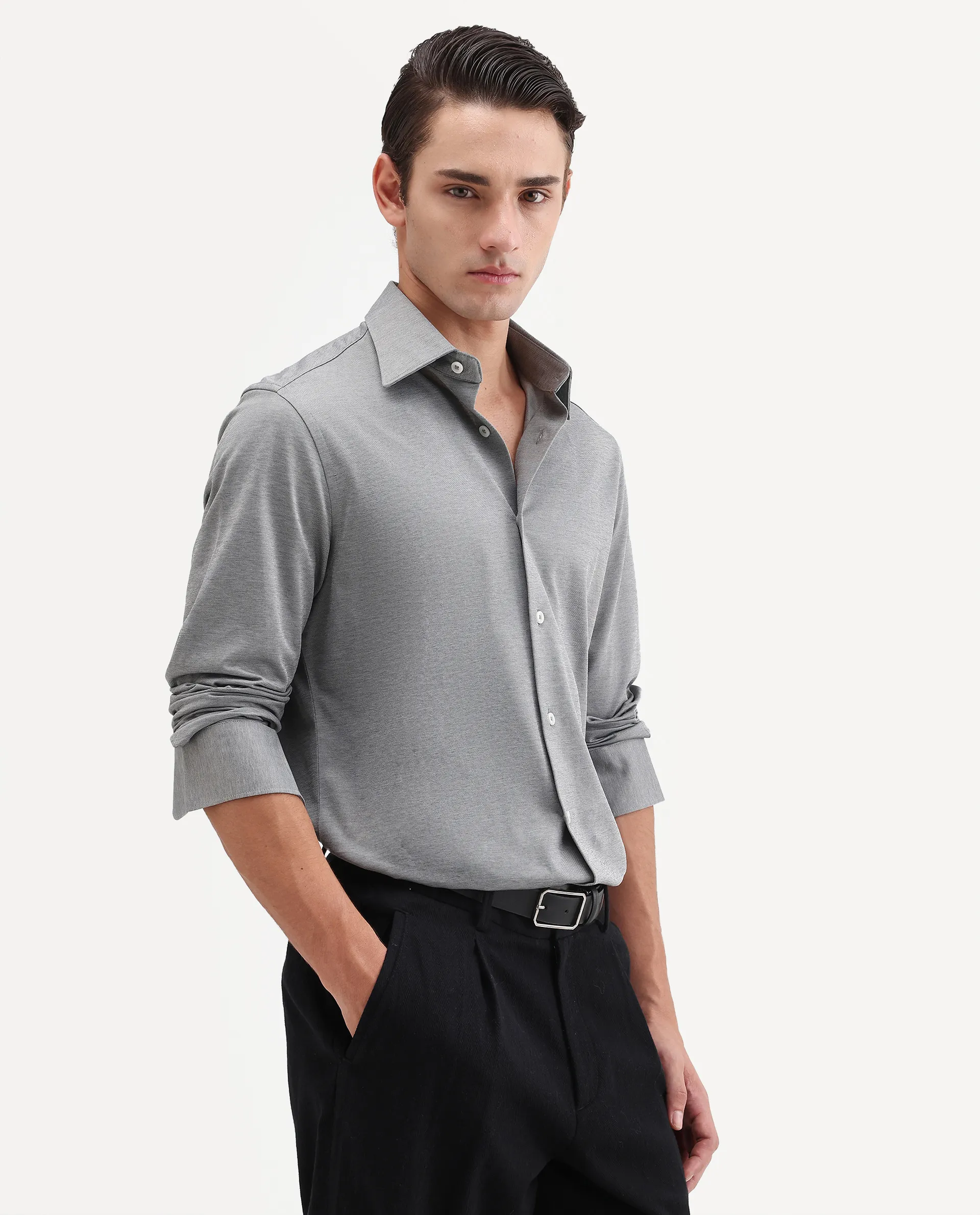 Rare Rabbit Men's Bogi Light Grey Cotton Blend Full Sleeve Spread Collar Regular Fit Plain Shirt - Image 5