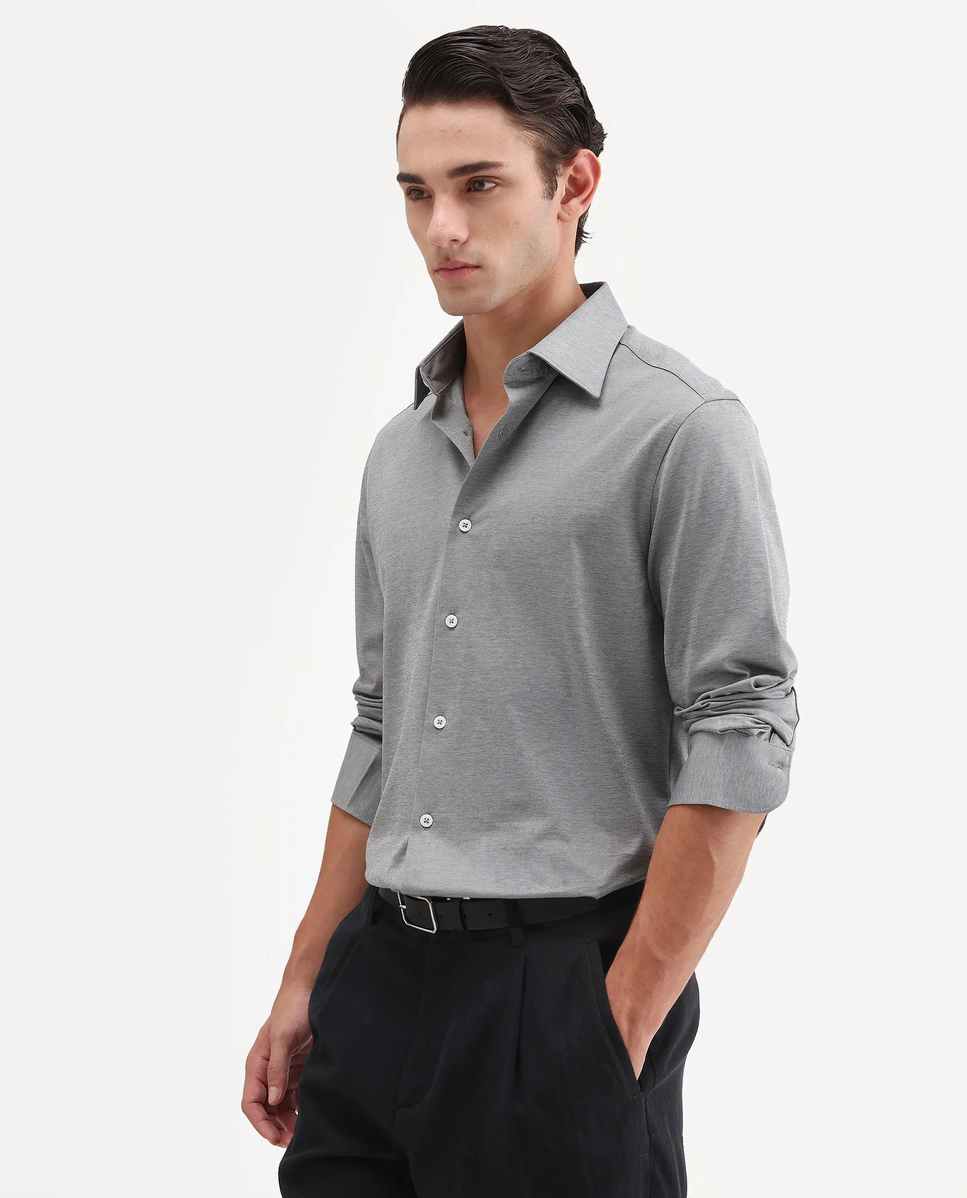 Rare Rabbit Men's Bogi Light Grey Cotton Blend Full Sleeve Spread Collar Regular Fit Plain Shirt - Image 6
