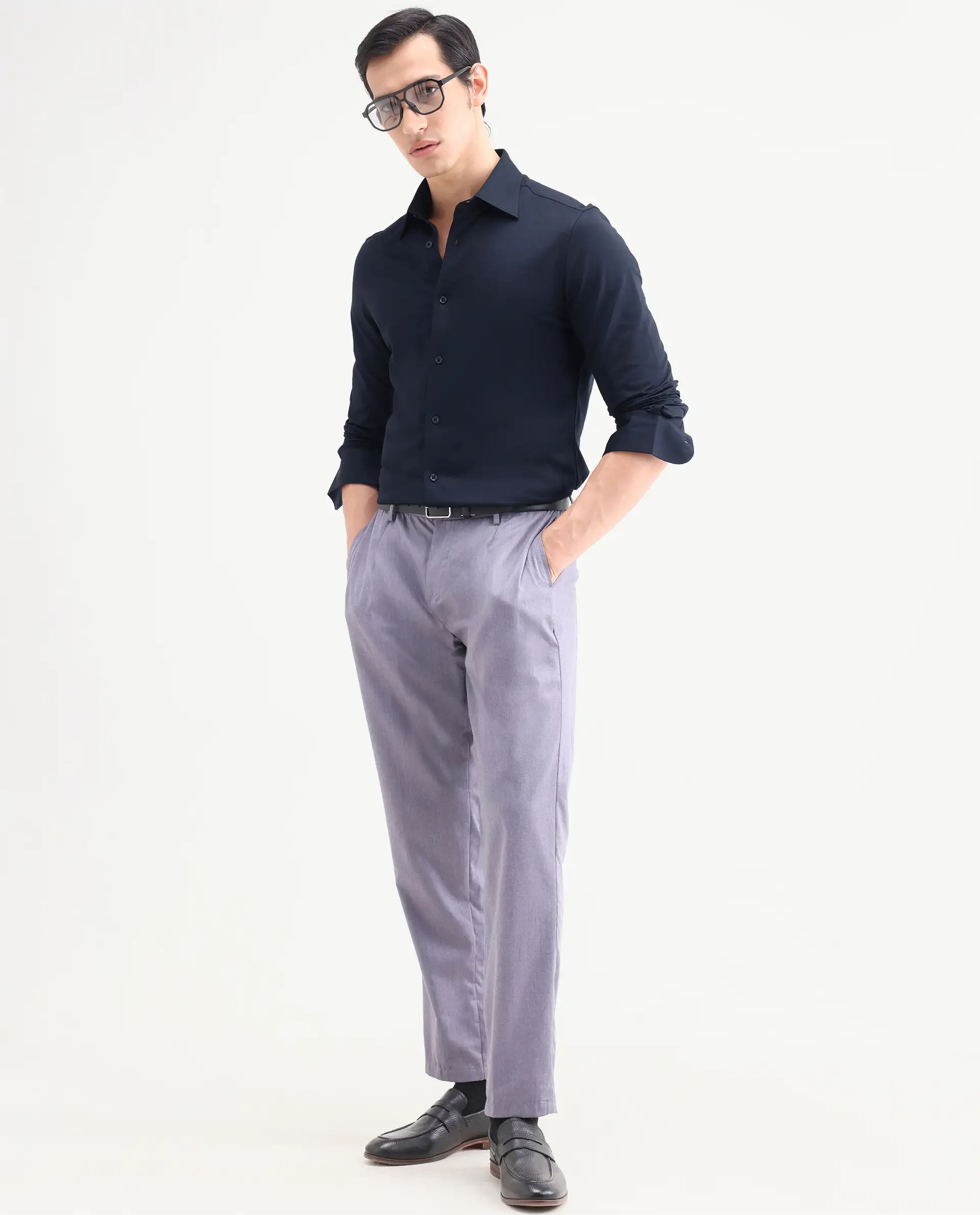 Rare Rabbit Men's Bogi Navy Cotton Blend Full Sleeve Spread Collar Regular Fit Plain Shirt - Image 2
