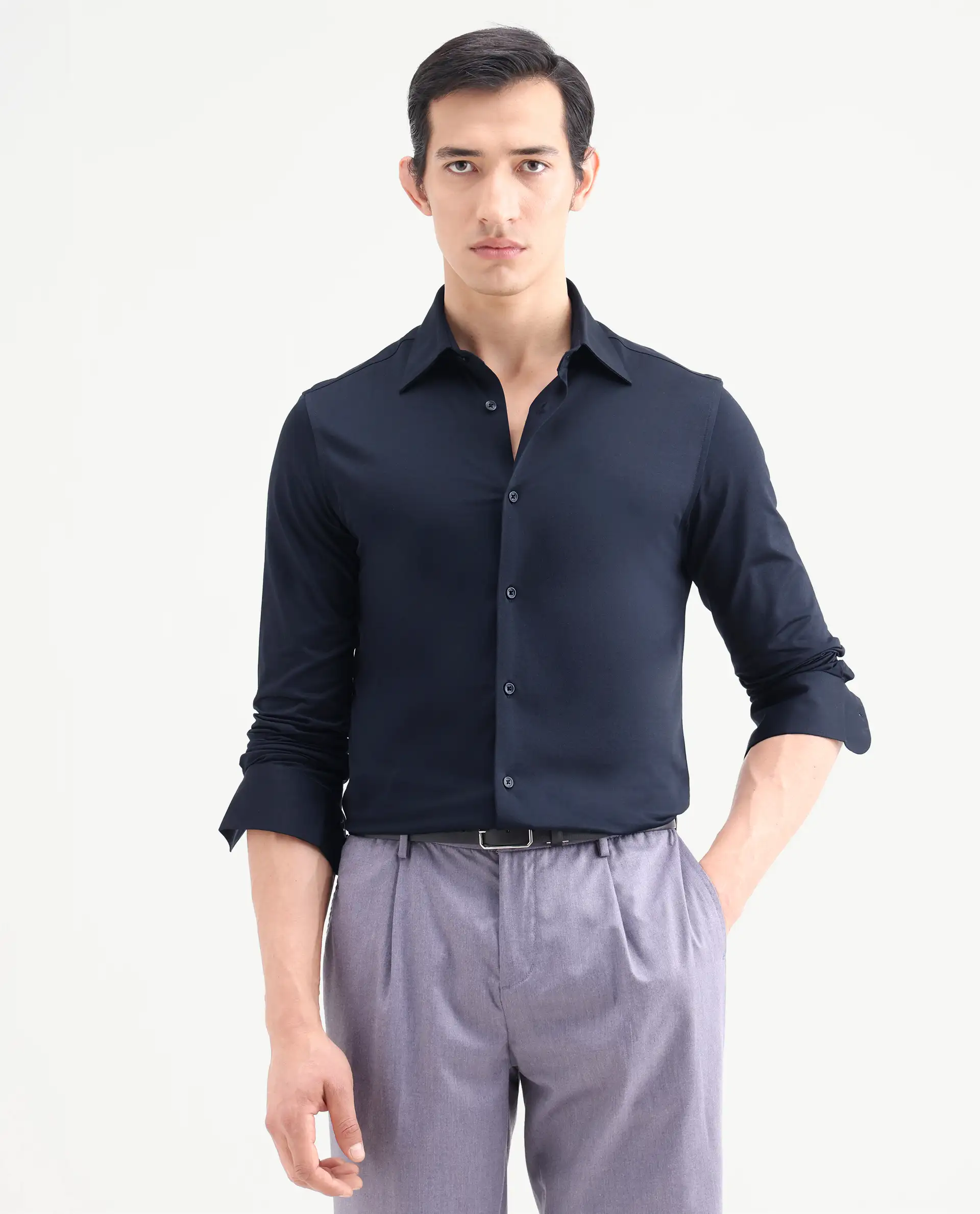 Rare Rabbit Men's Bogi Navy Cotton Blend Full Sleeve Spread Collar Regular Fit Plain Shirt - Image 4