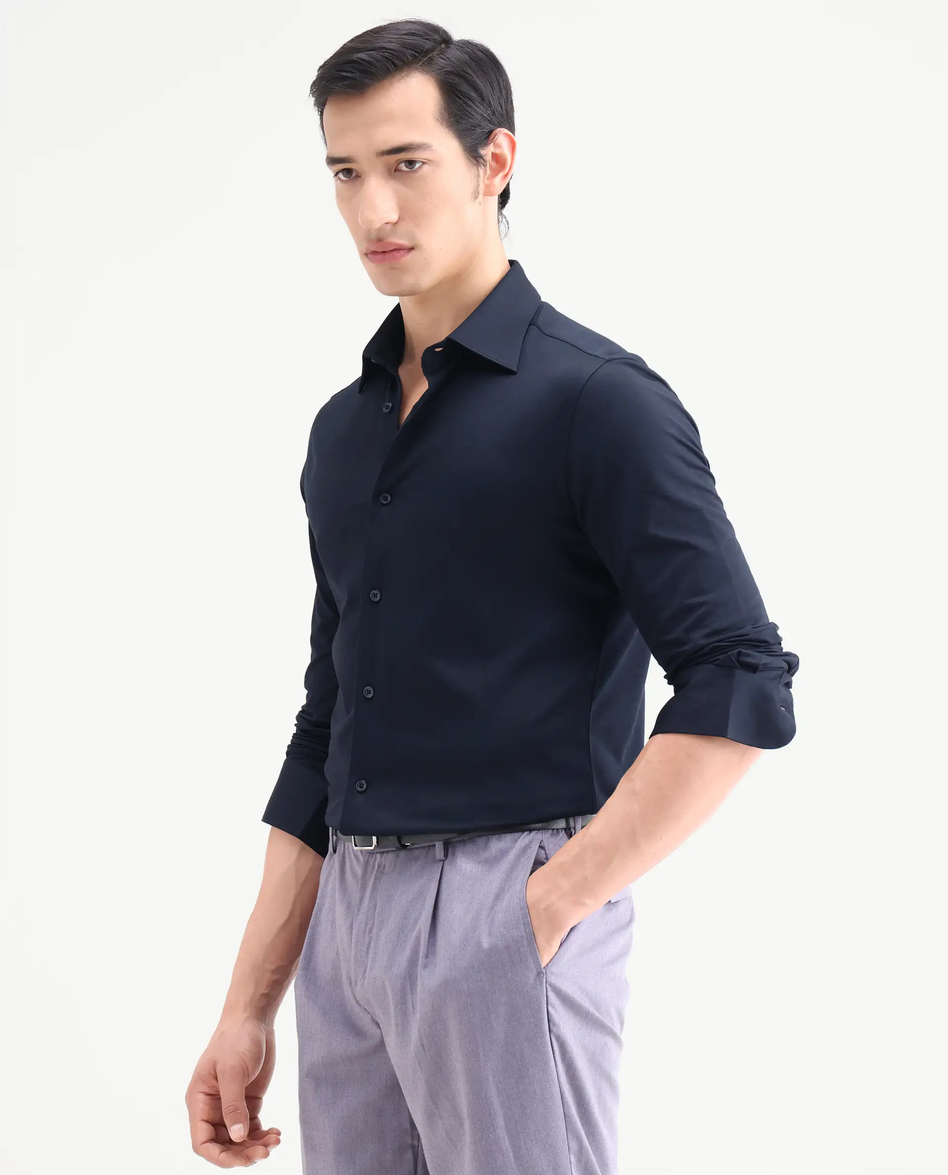Rare Rabbit Men's Bogi Navy Cotton Blend Full Sleeve Spread Collar Regular Fit Plain Shirt - Image 5
