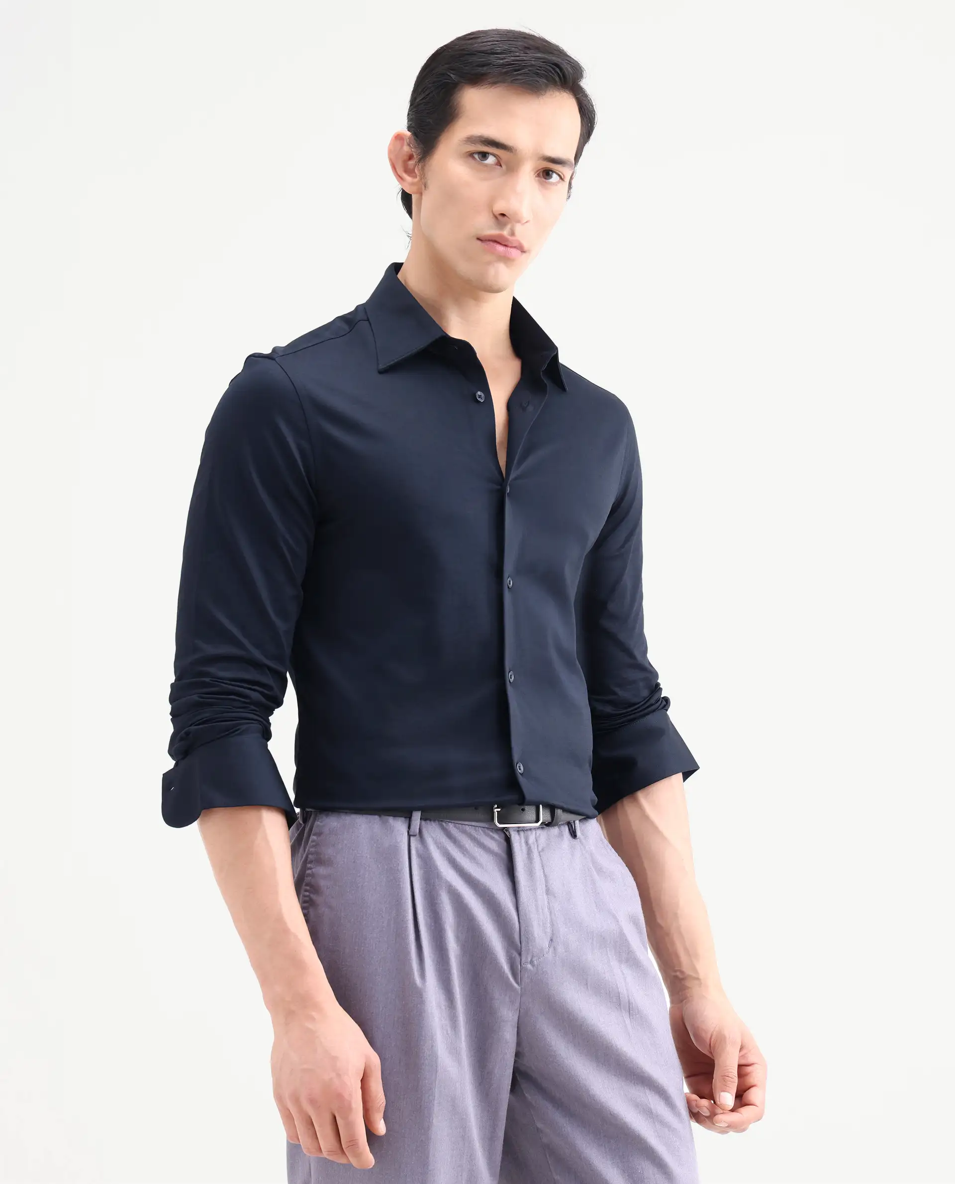 Rare Rabbit Men's Bogi Navy Cotton Blend Full Sleeve Spread Collar Regular Fit Plain Shirt - Image 6