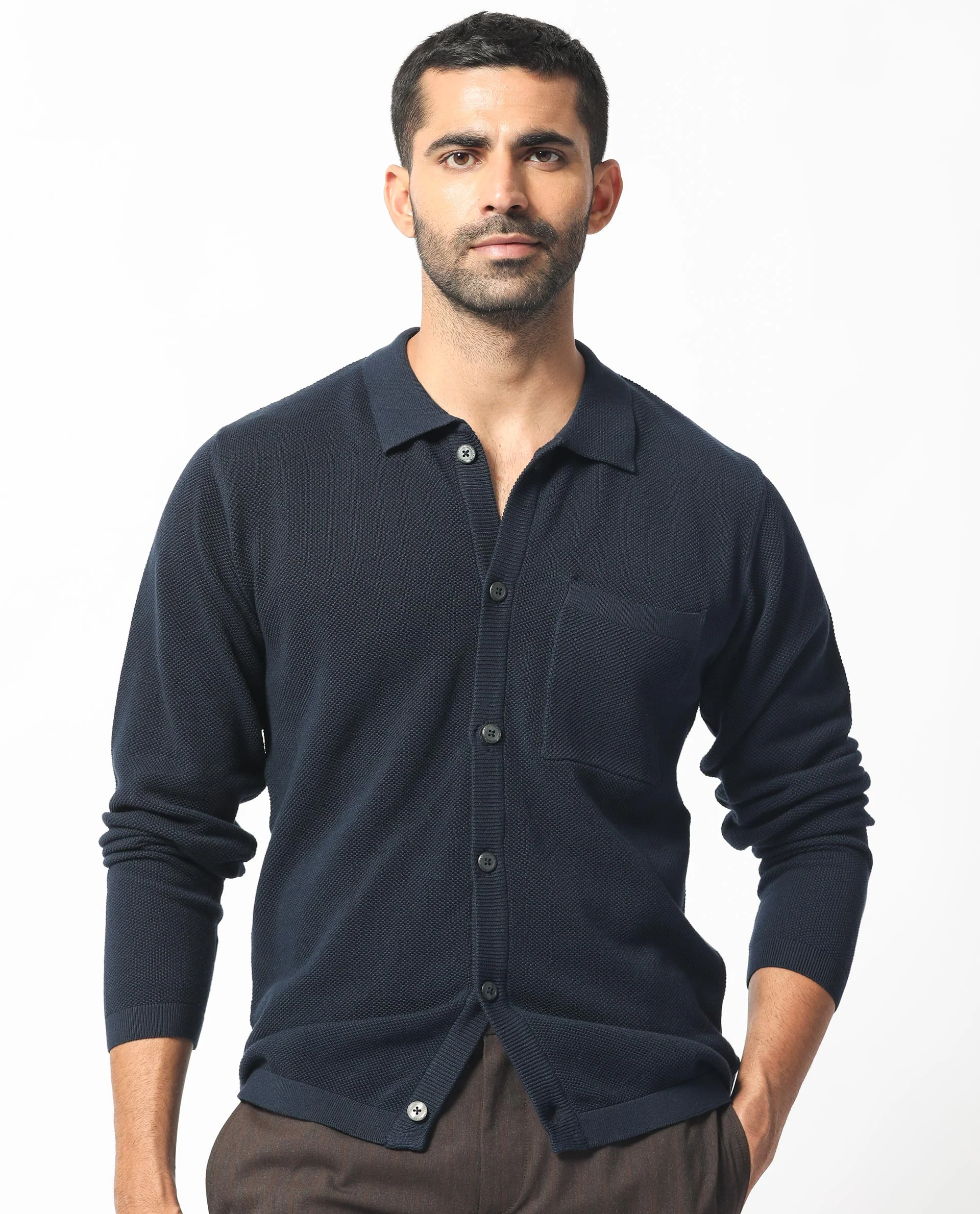 Rare Rabbit Men's Boise Ls Navy Cotton Plain Regular Fit Full Sleeve Collared Shirt