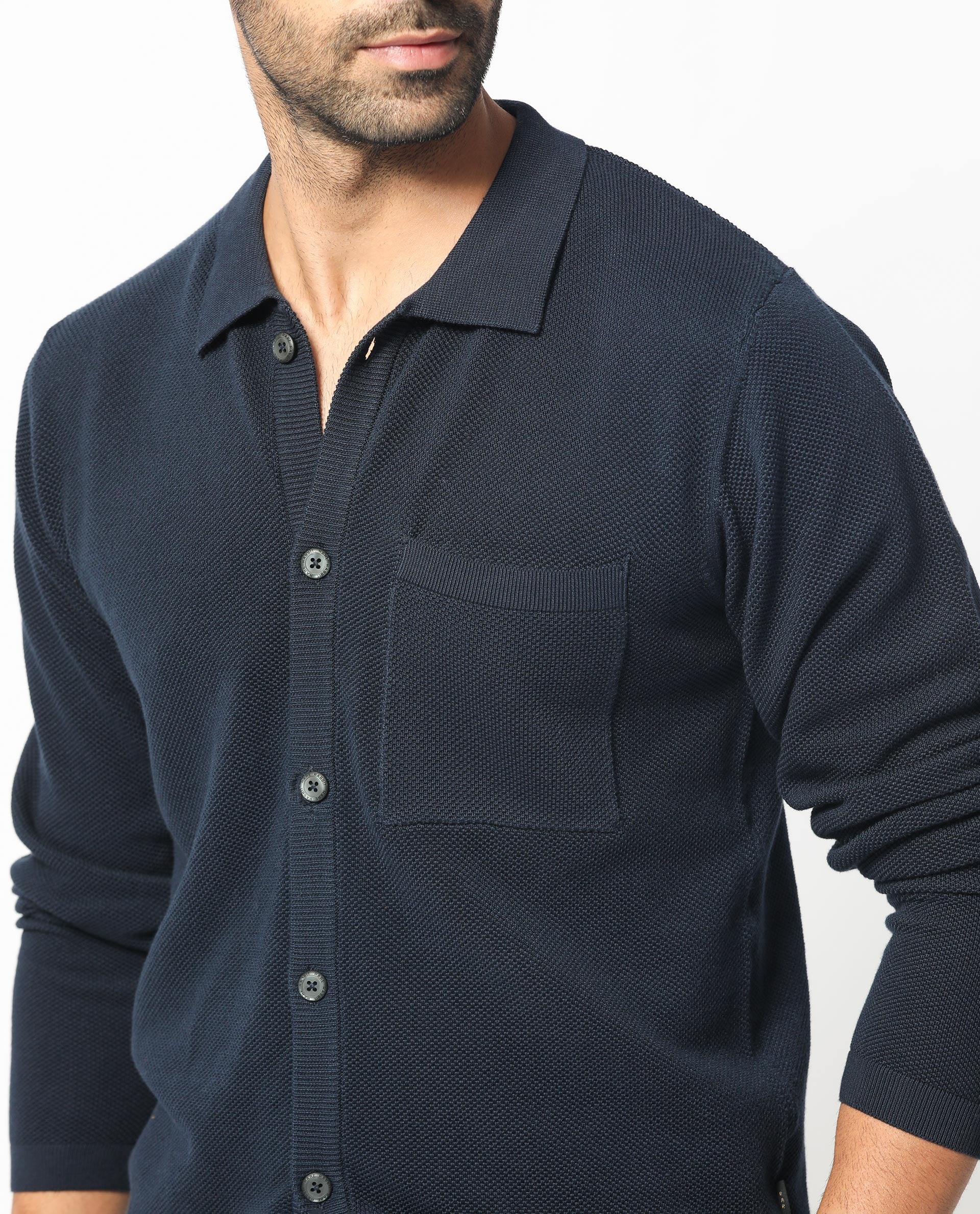 Rare Rabbit Men's Boise Ls Navy Cotton Plain Regular Fit Full Sleeve Collared Shirt - Image 4