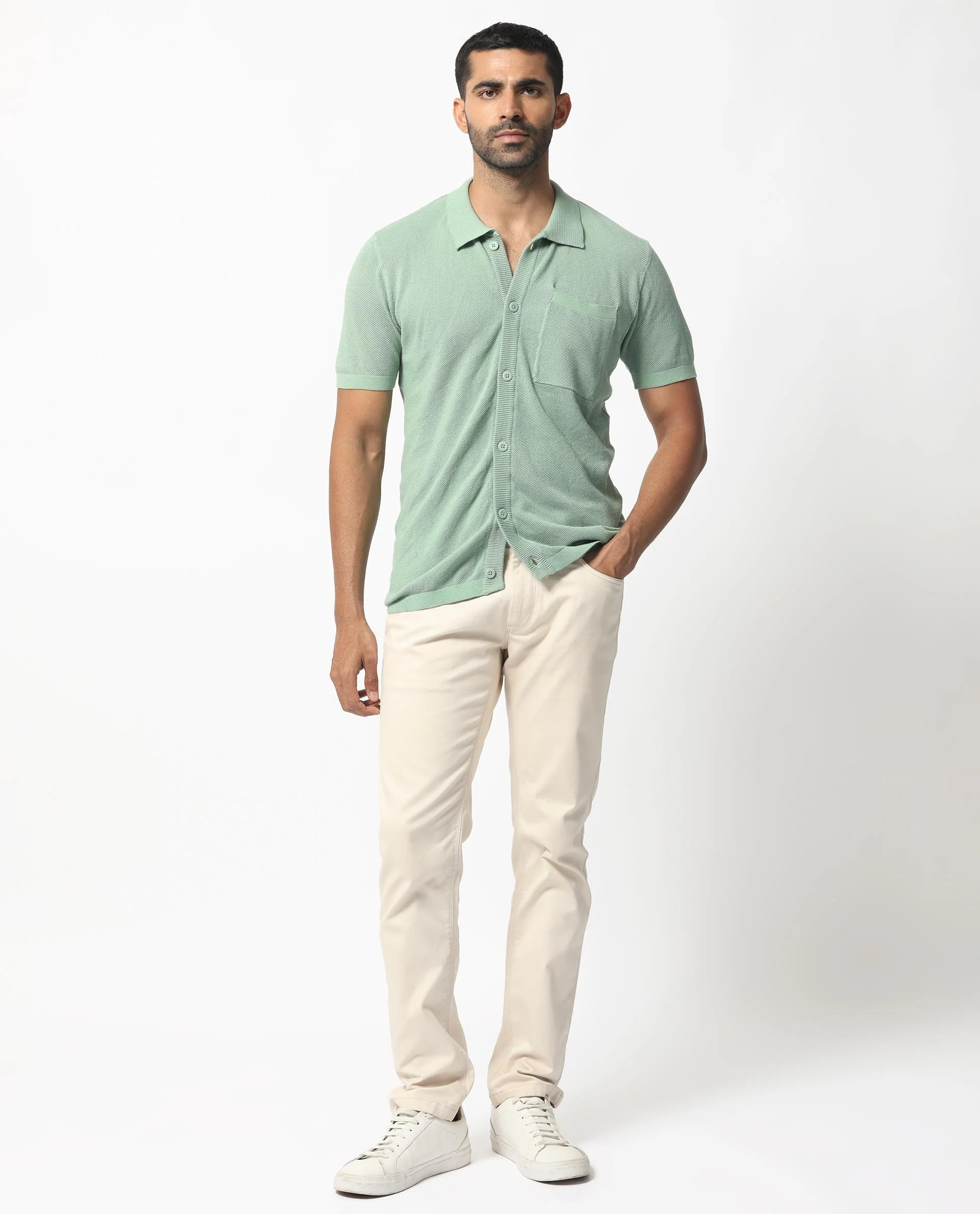 Rare Rabbit Men's Boise Ss Dusky Green Cotton Plain Regular Fit Half Sleeve Collared Shirt - Image 4