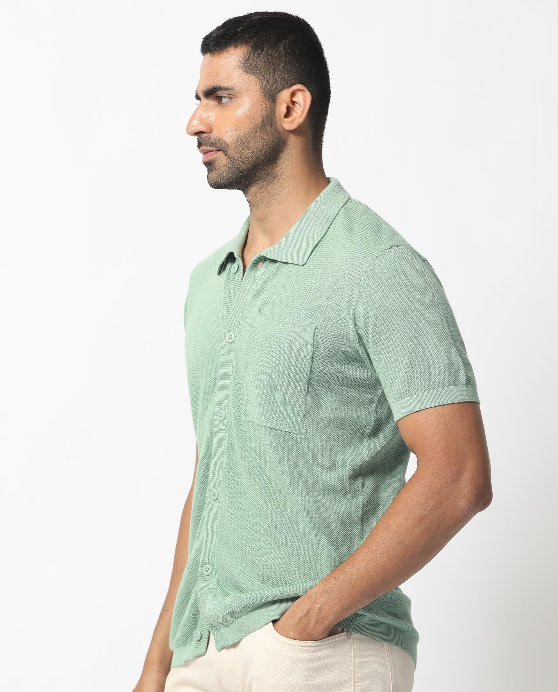 Rare Rabbit Men's Boise Ss Dusky Green Cotton Plain Regular Fit Half Sleeve Collared Shirt - Image 6