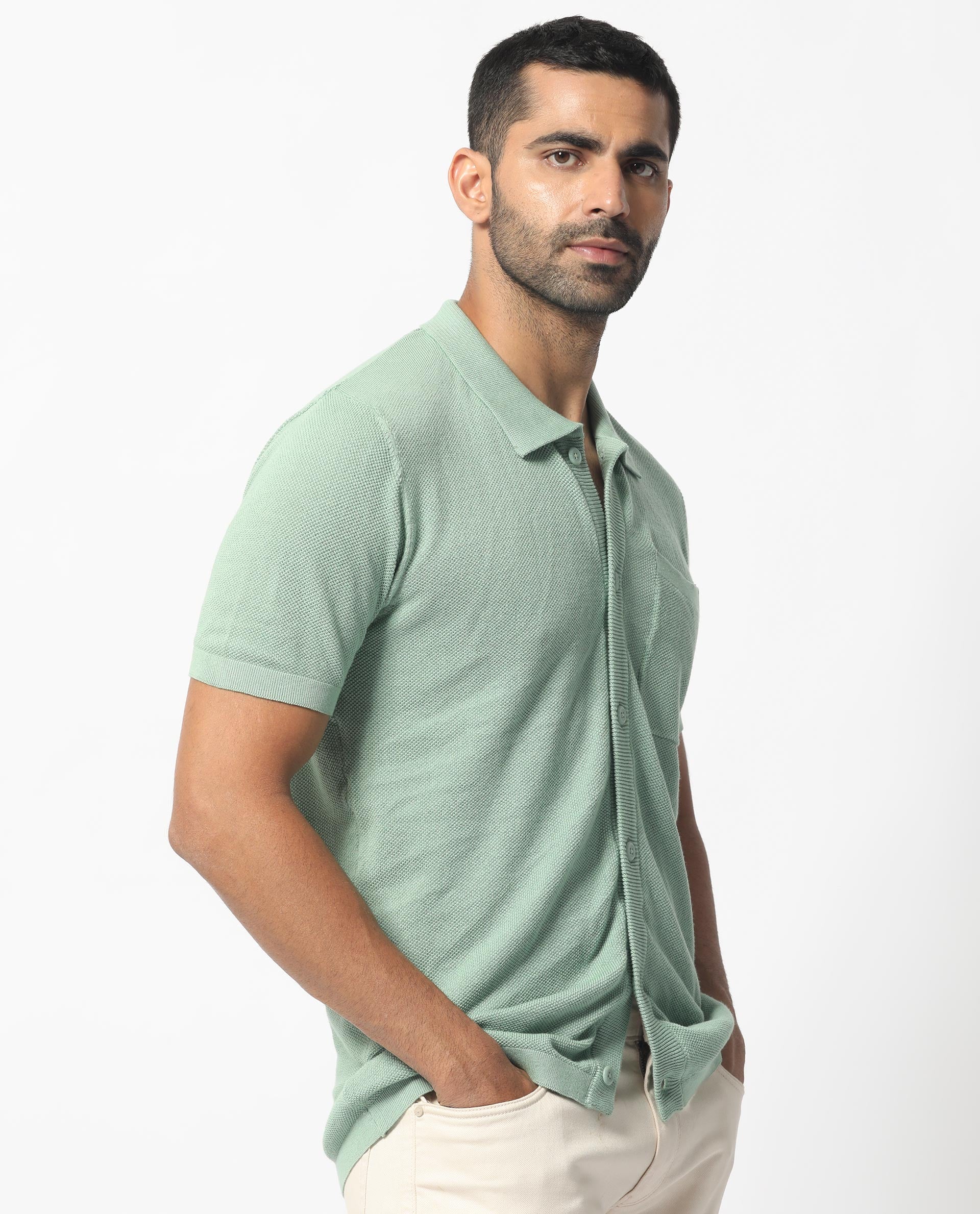 Rare Rabbit Men's Boise Ss Dusky Green Cotton Plain Regular Fit Half Sleeve Collared Shirt - Image 7
